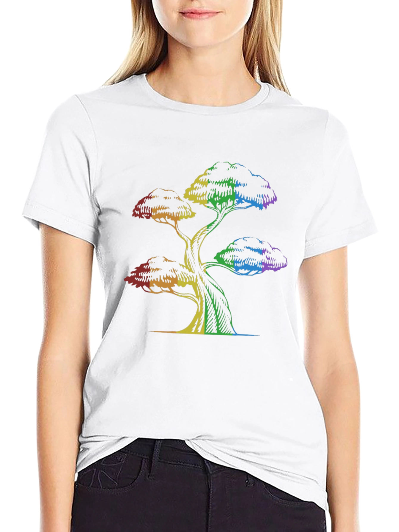 Rainbow Tree Graphic Tee - Black Cotton T-Shirt