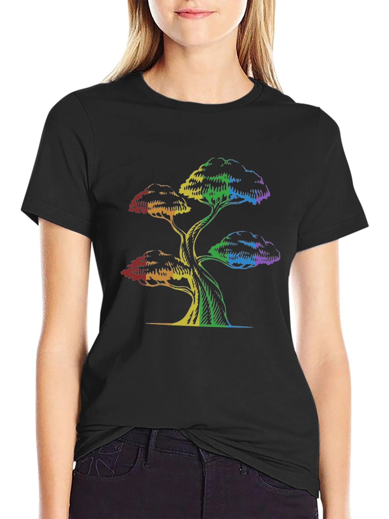 Rainbow Tree Graphic Tee - Black Cotton T-Shirt