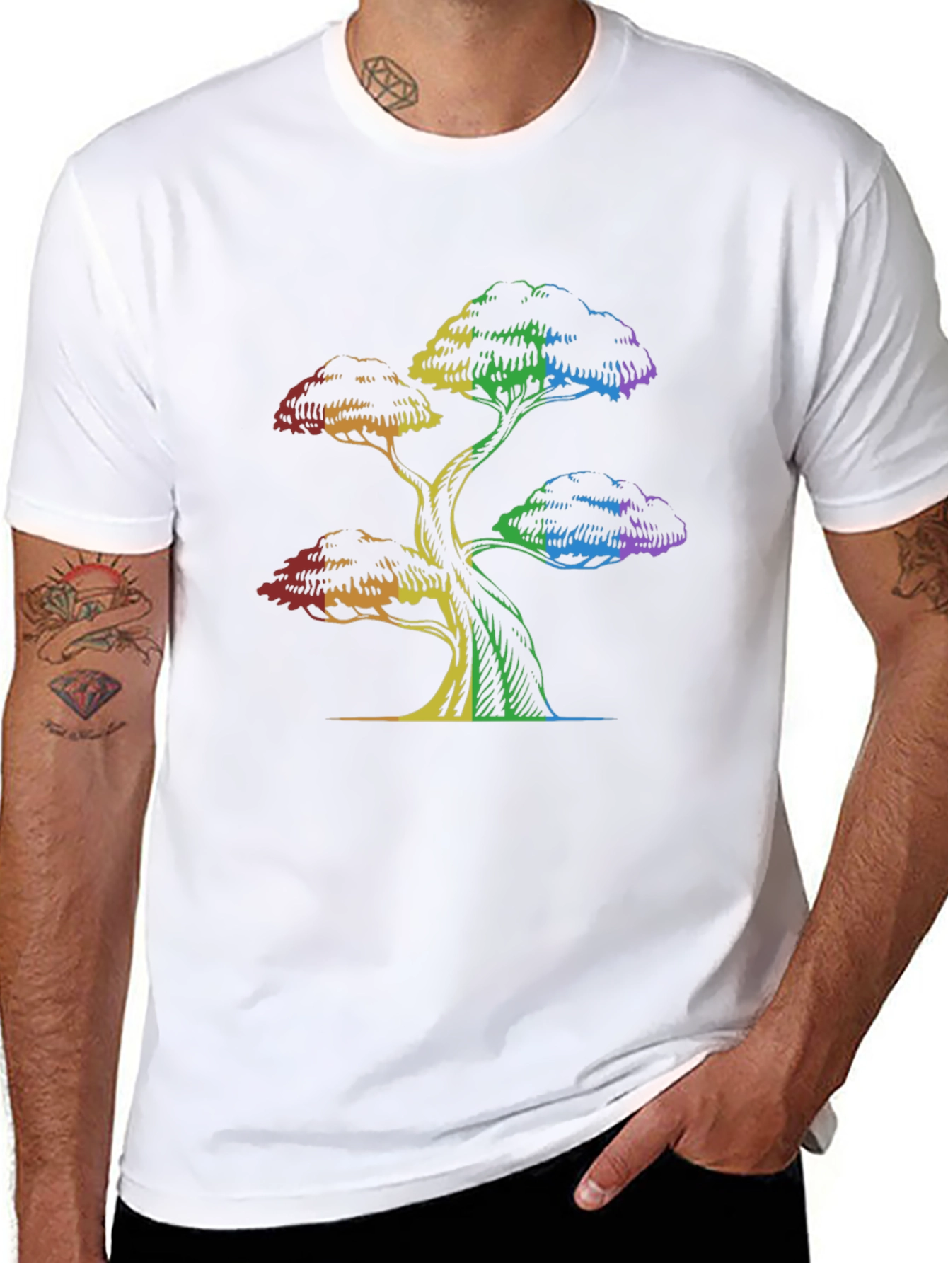 Rainbow Tree Graphic Tee - Black Cotton T-Shirt