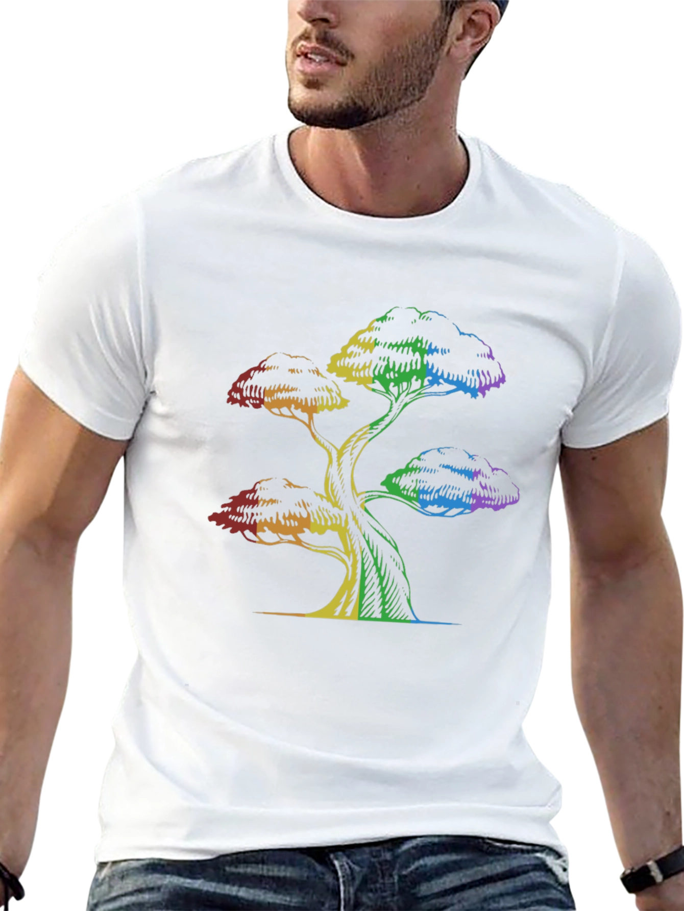 Rainbow Tree Graphic Tee - Black Cotton T-Shirt