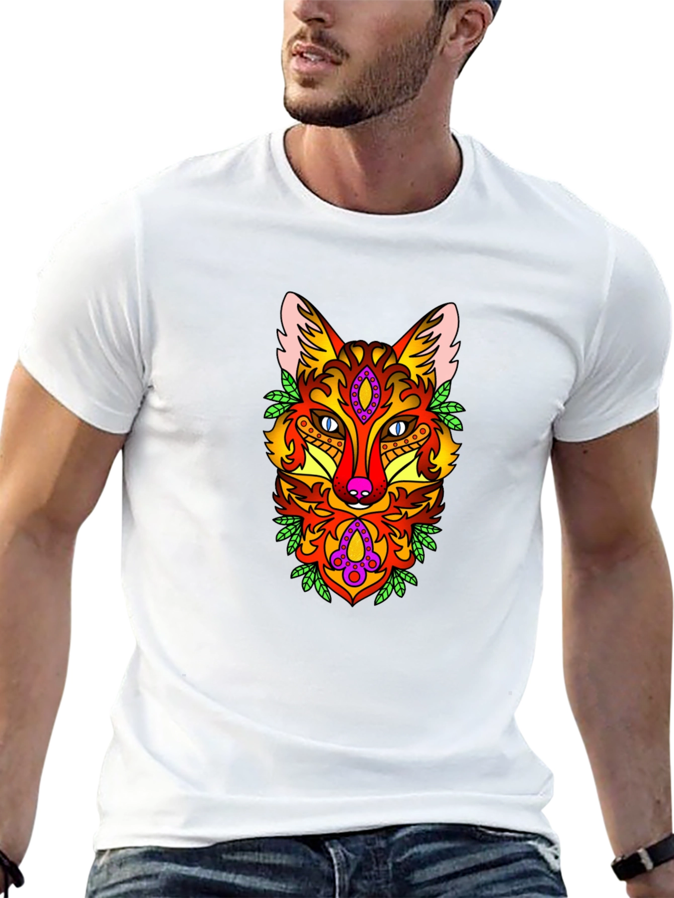 Psychedelic Fox Graphic Print Black T-Shirt