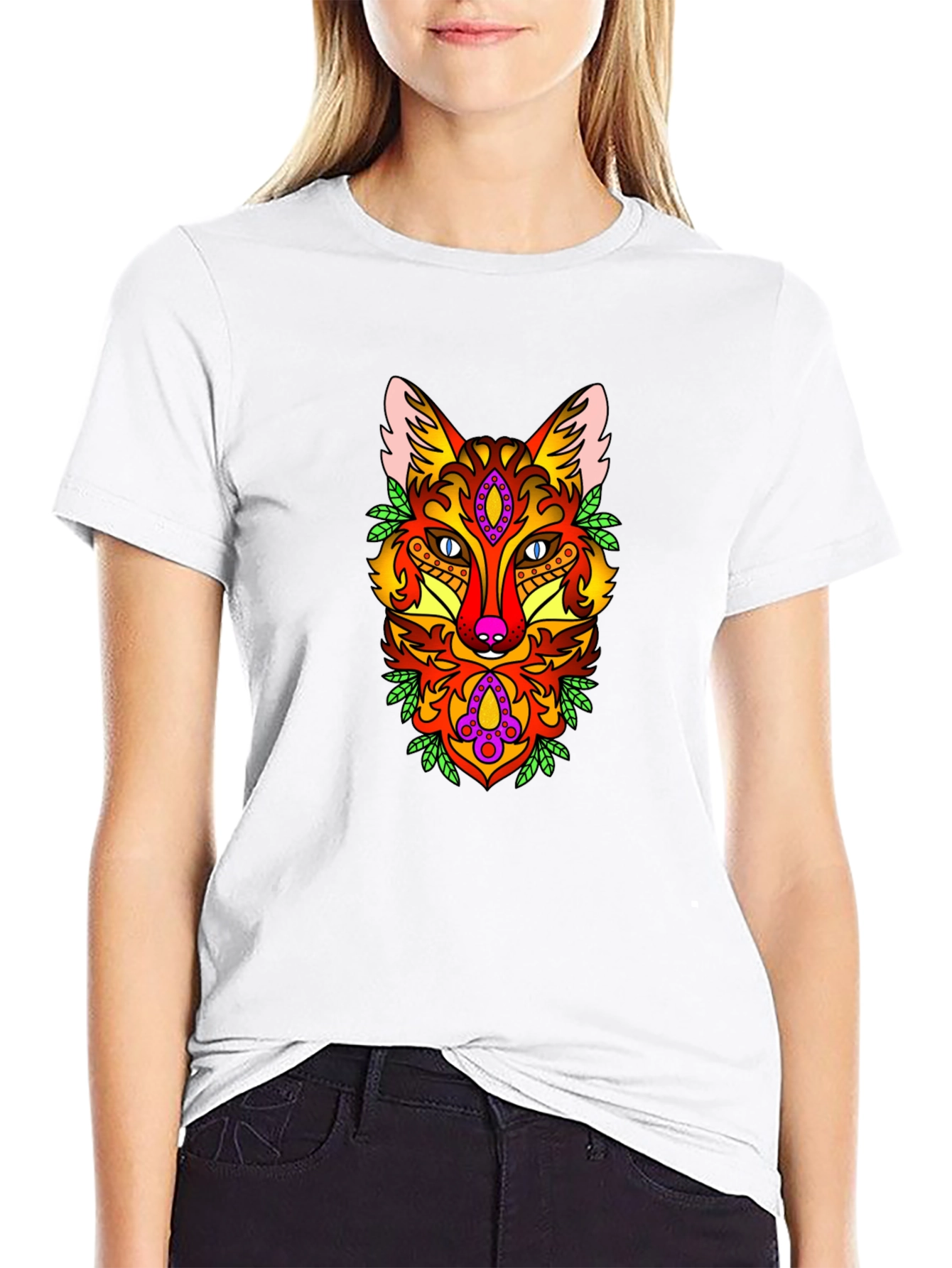 Psychedelic Fox Graphic Print Black T-Shirt