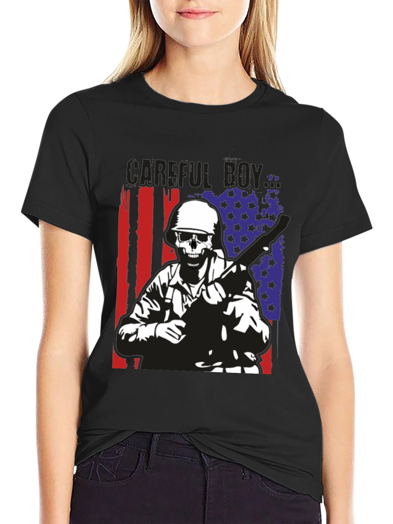 Careful Boy Soldier Skull Flag Graphic T-Shirt