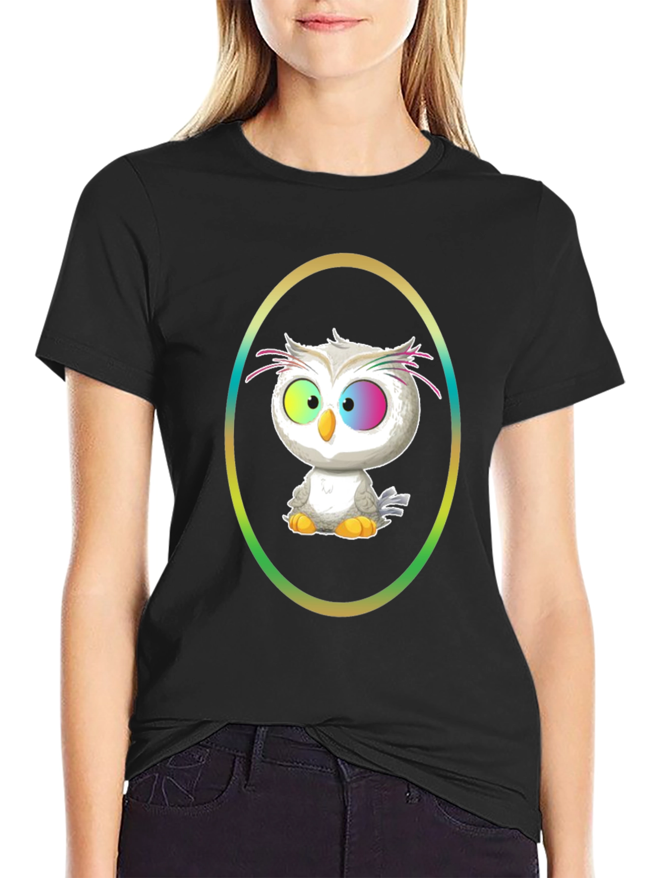 Cartoon Owl Graphic Tee - Black Cotton Shirt