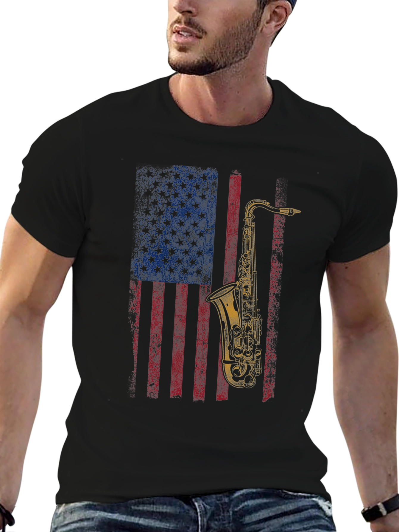 Saxophone American Flag Graphic T-Shirt