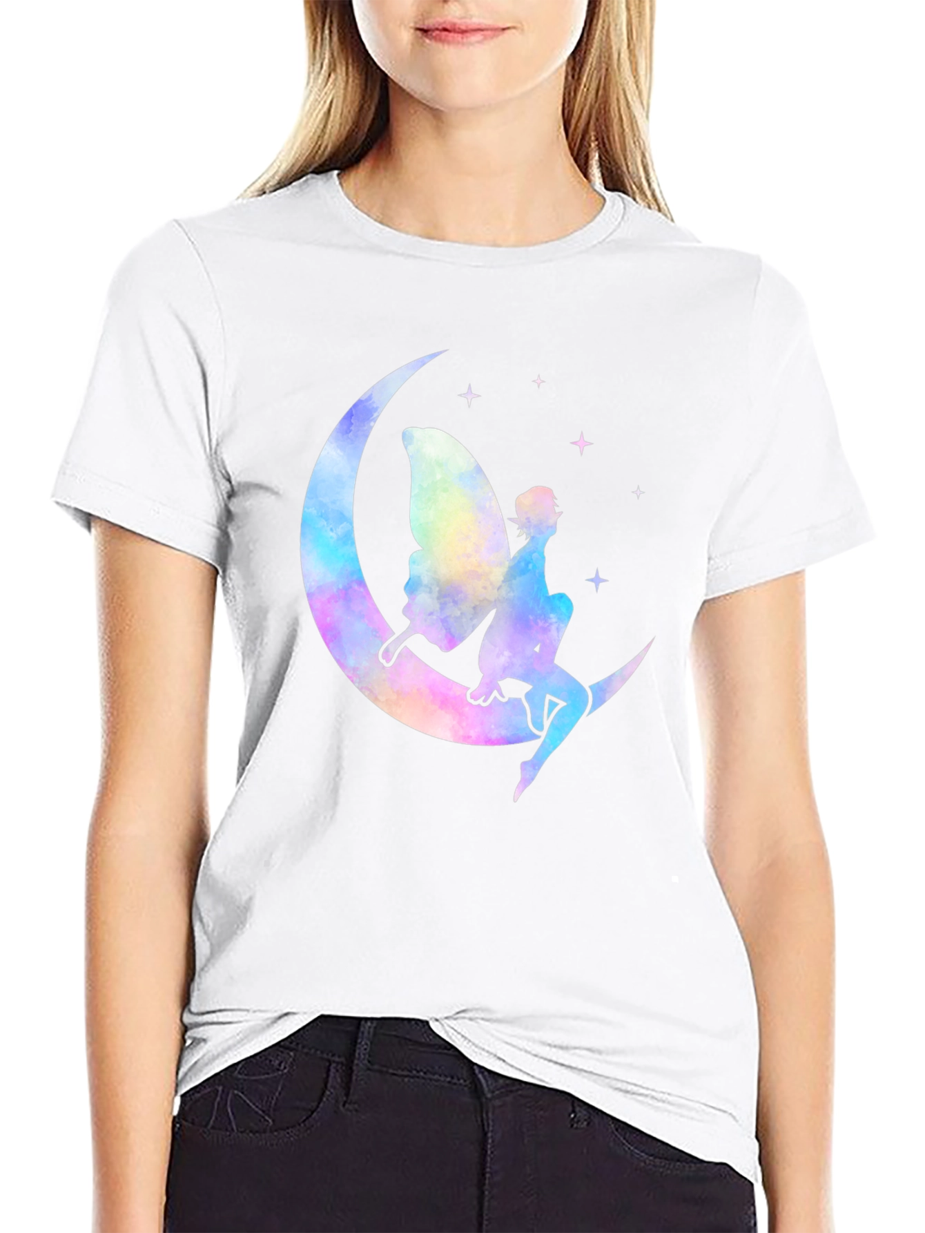 Whimsical Fairy Moon Graphic T-Shirt - Black