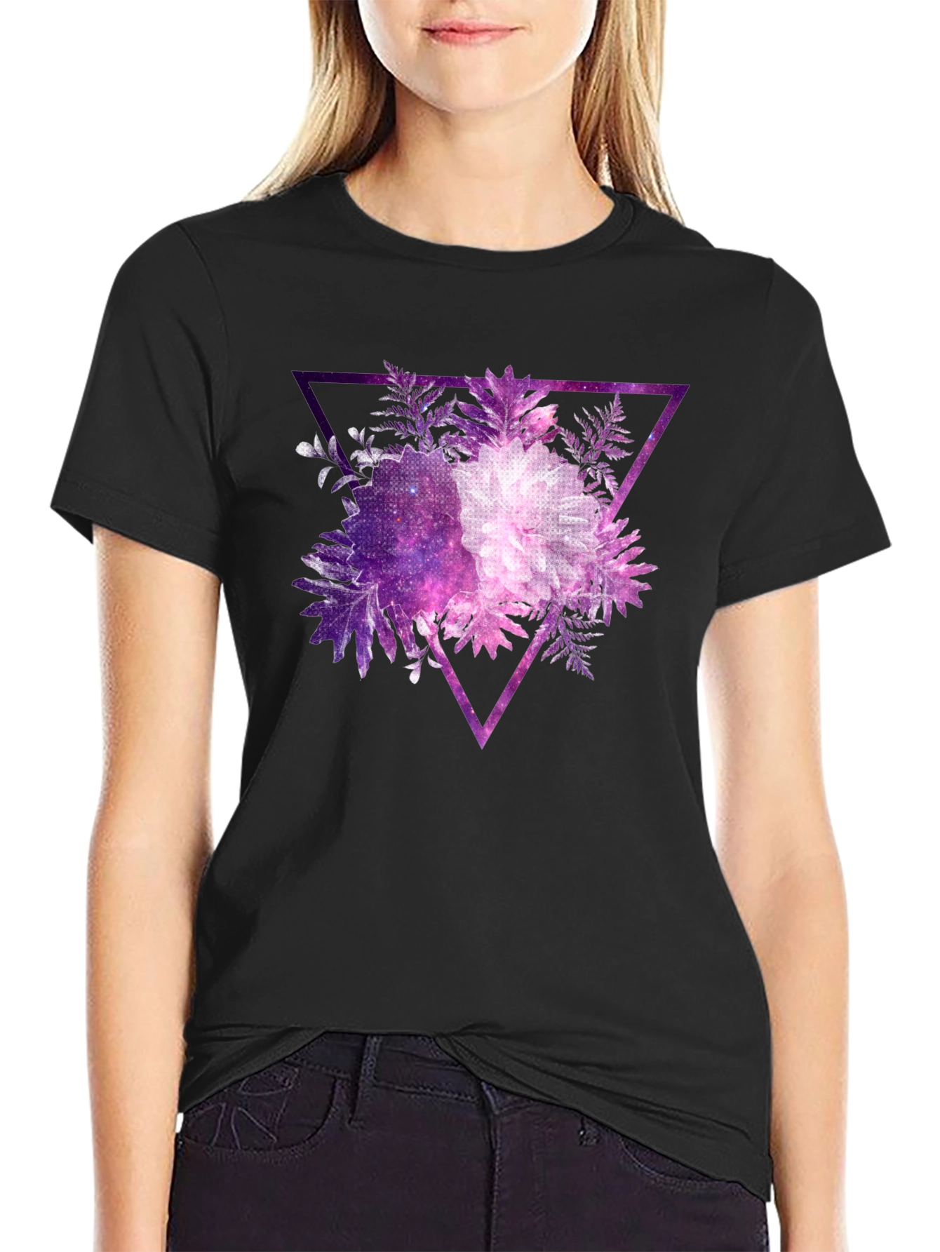 Galaxy Floral Triangle Mens Black T-Shirt