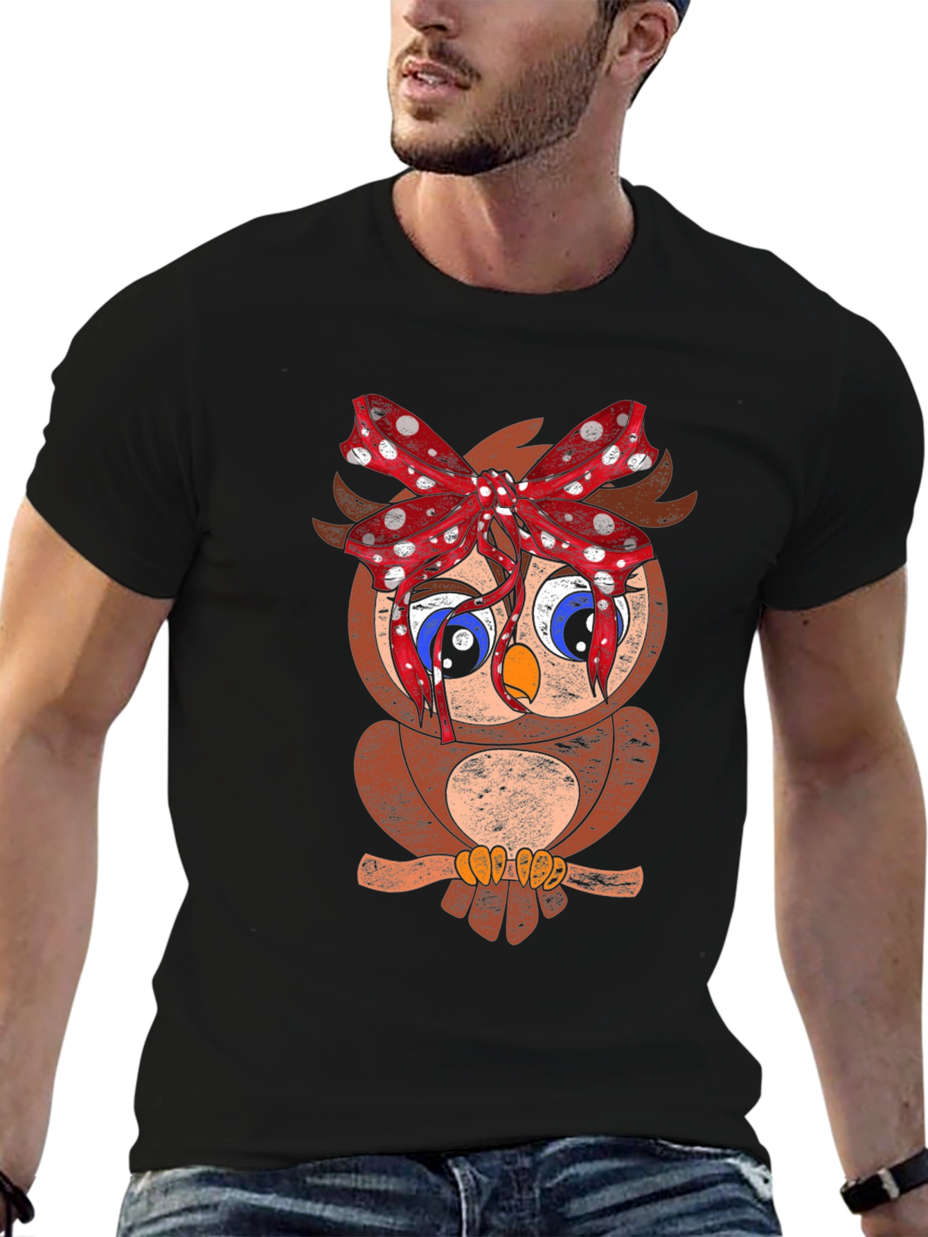 Owl With Bowknot Graphic Black Tee