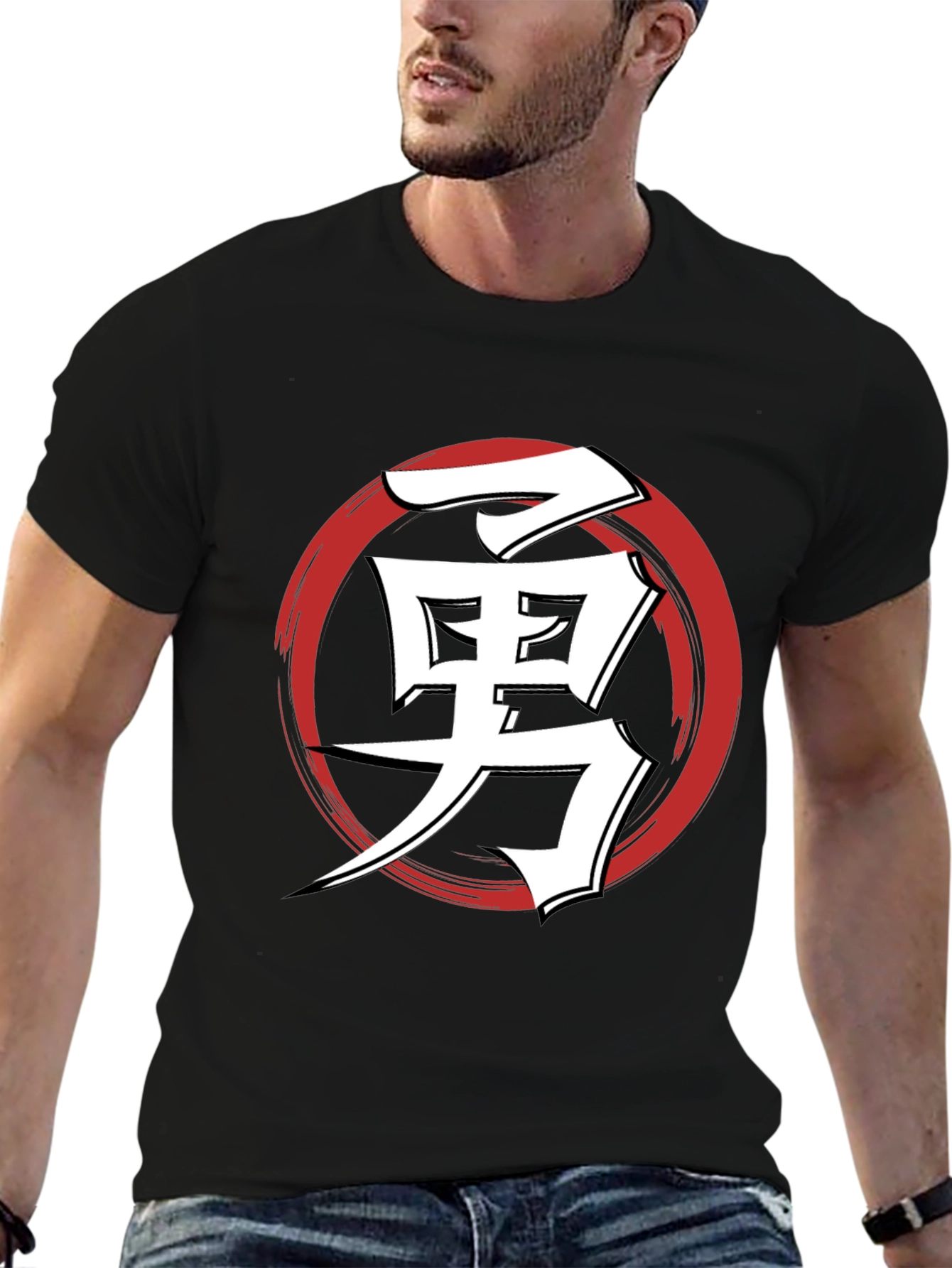 Black T-Shirt with Japanese Kanji Courage Design