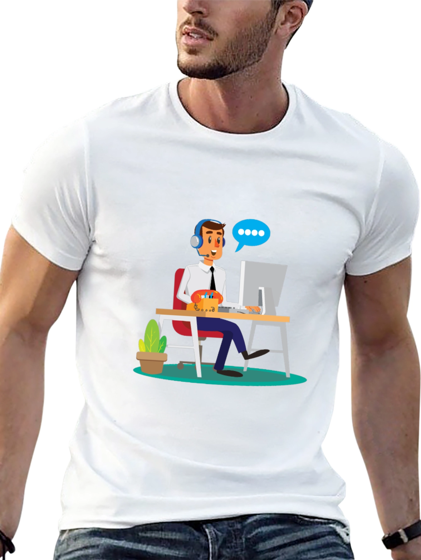 Black T-Shirt with Cartoon Customer Service Design