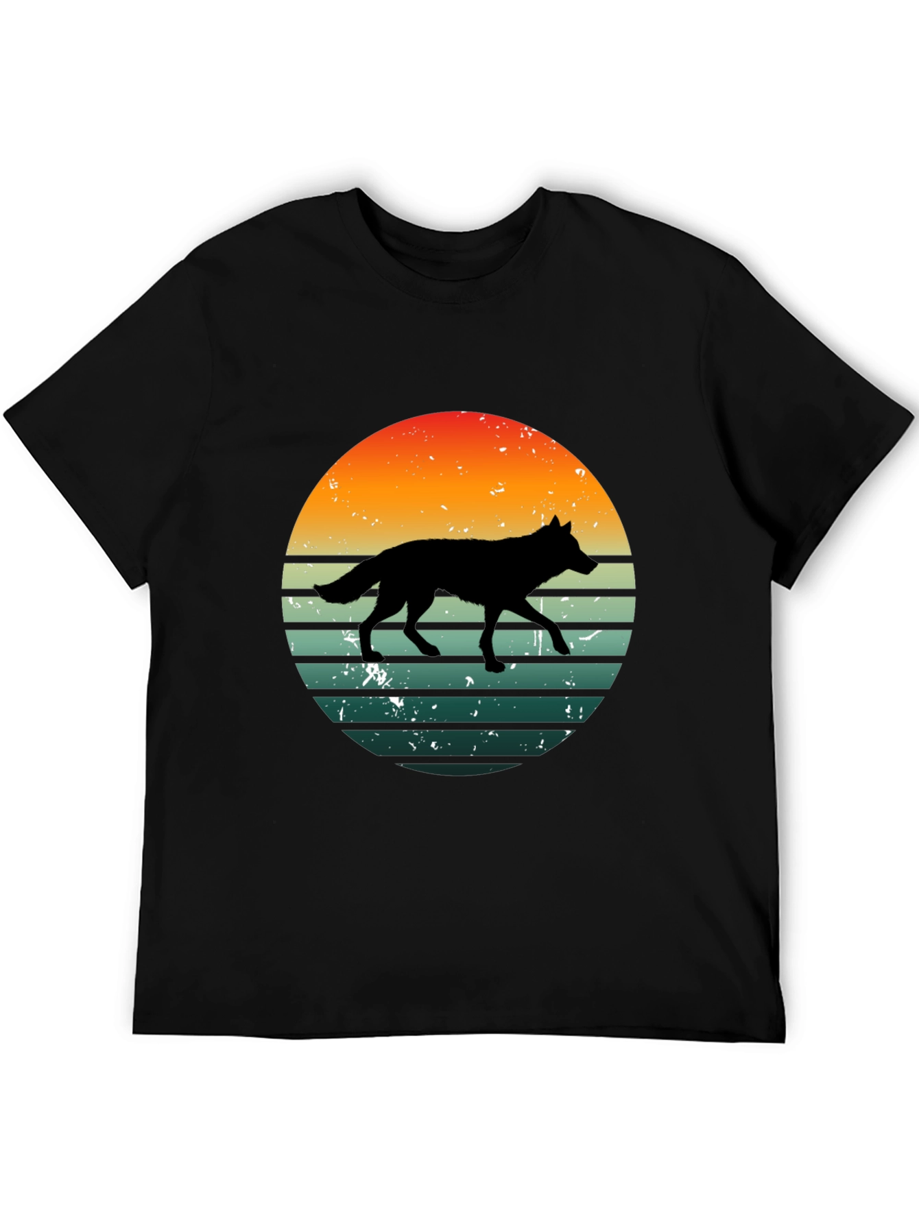 Retro Wolf Sunset Graphic Tee - Black Cotton T-Shirt