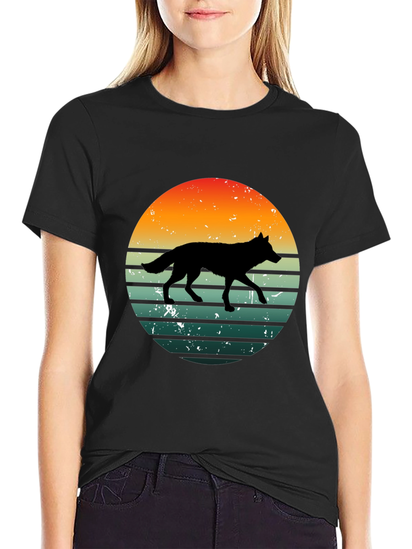Retro Wolf Sunset Graphic Tee - Black Cotton T-Shirt