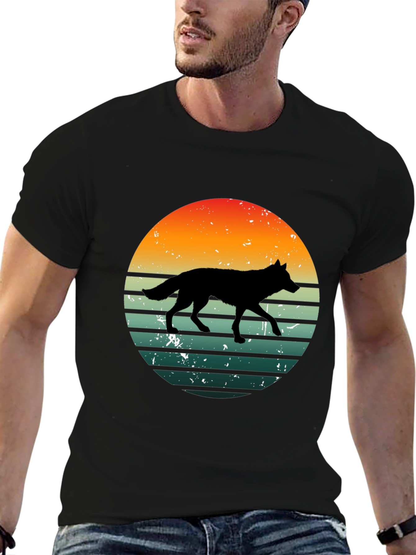 Retro Wolf Sunset Graphic Tee - Black Cotton T-Shirt