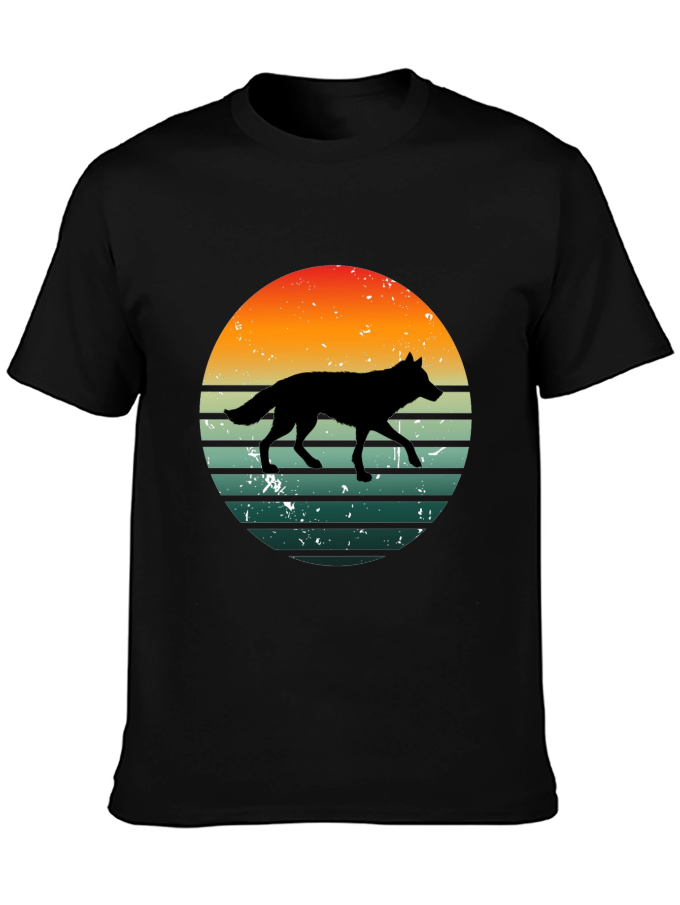 Retro Wolf Sunset Graphic Tee - Black Cotton T-Shirt