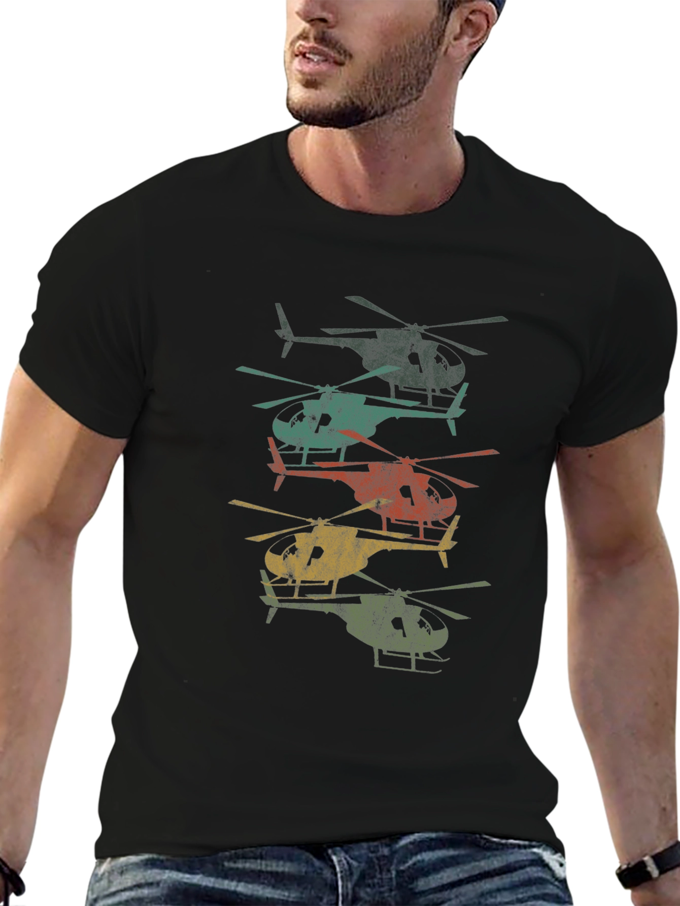 Retro Helicopter Stack Graphic Tee - Black