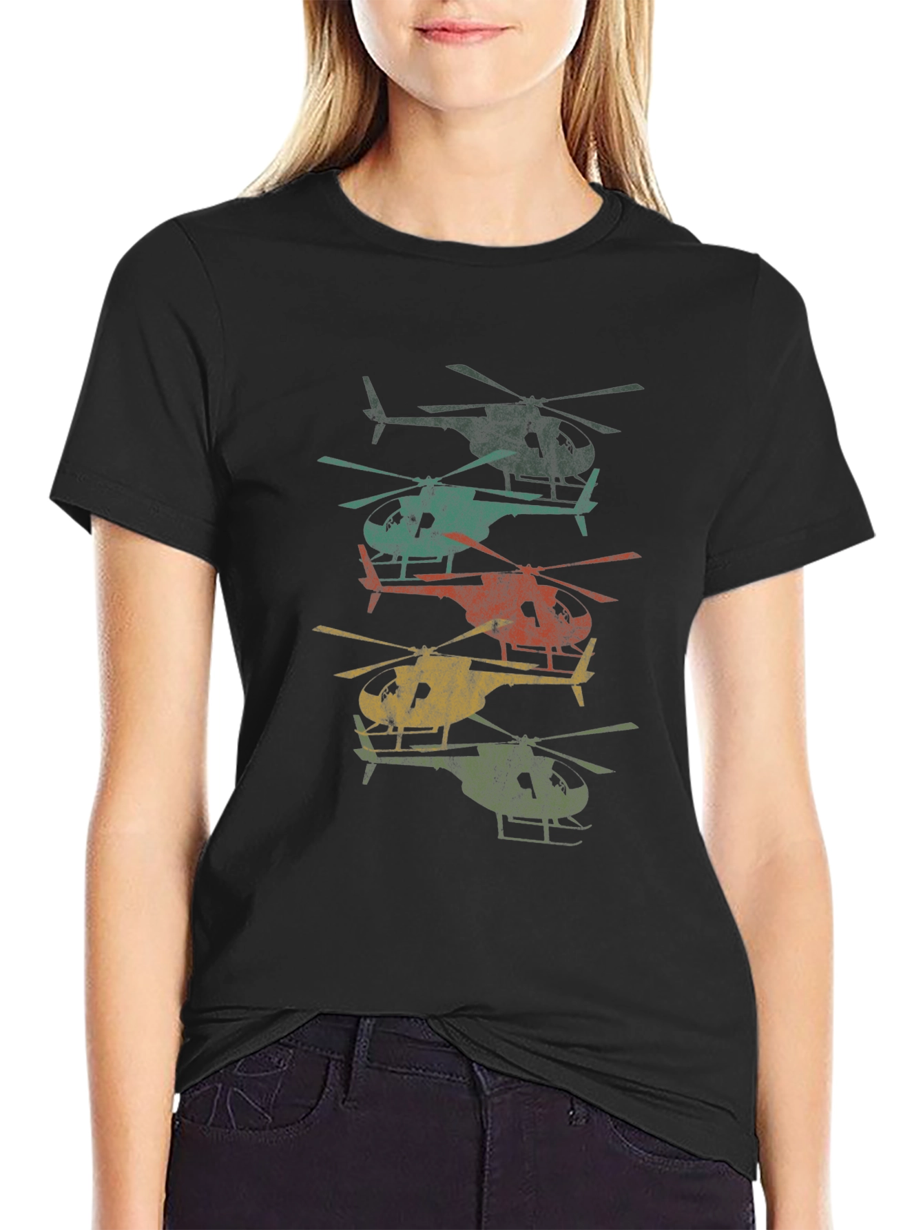 Retro Helicopter Stack Graphic Tee - Black