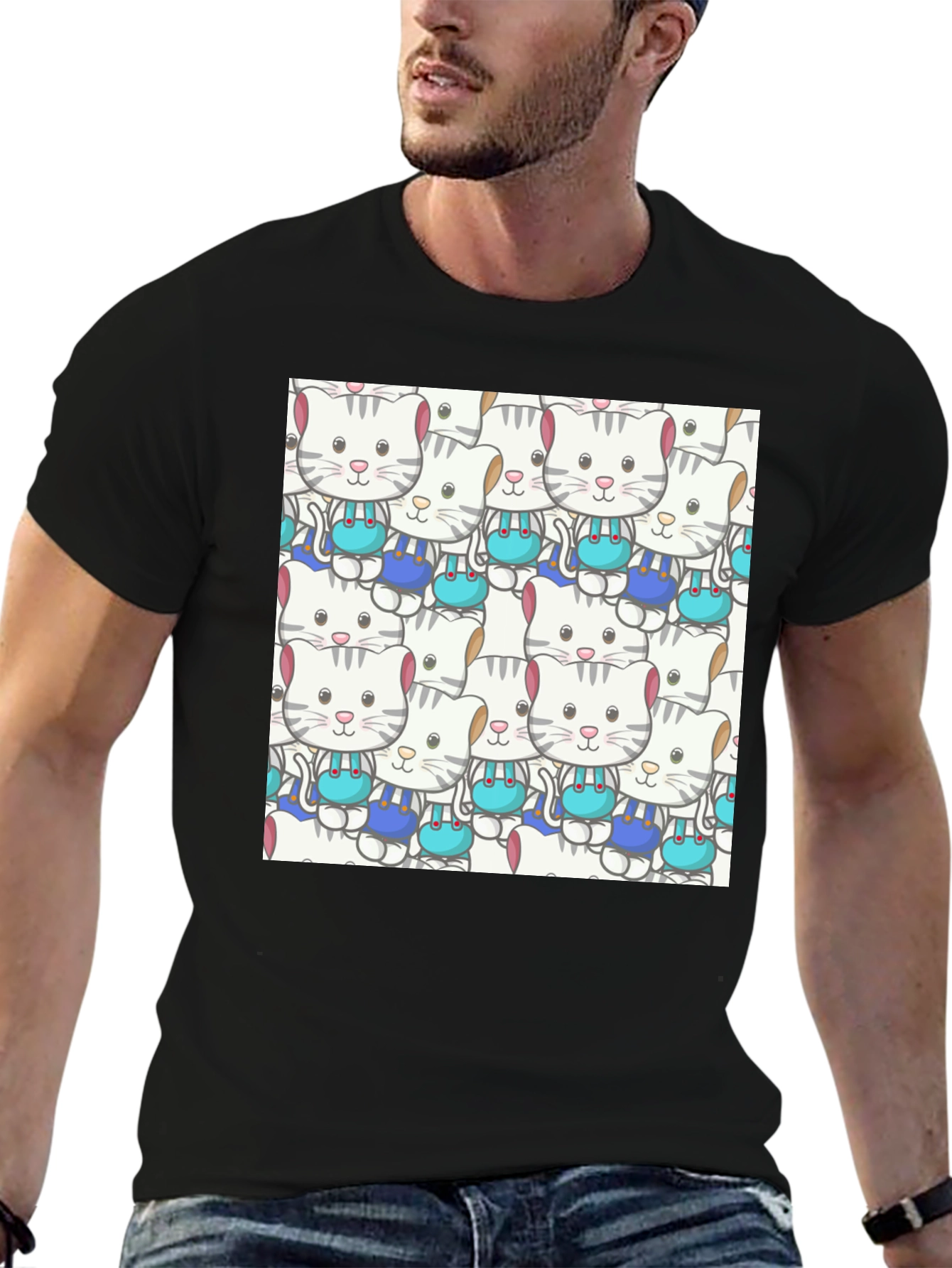 Cute Cats Pattern Black T-Shirt