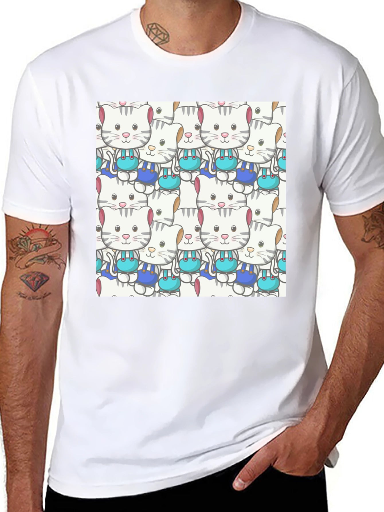 Cute Cats Pattern Black T-Shirt