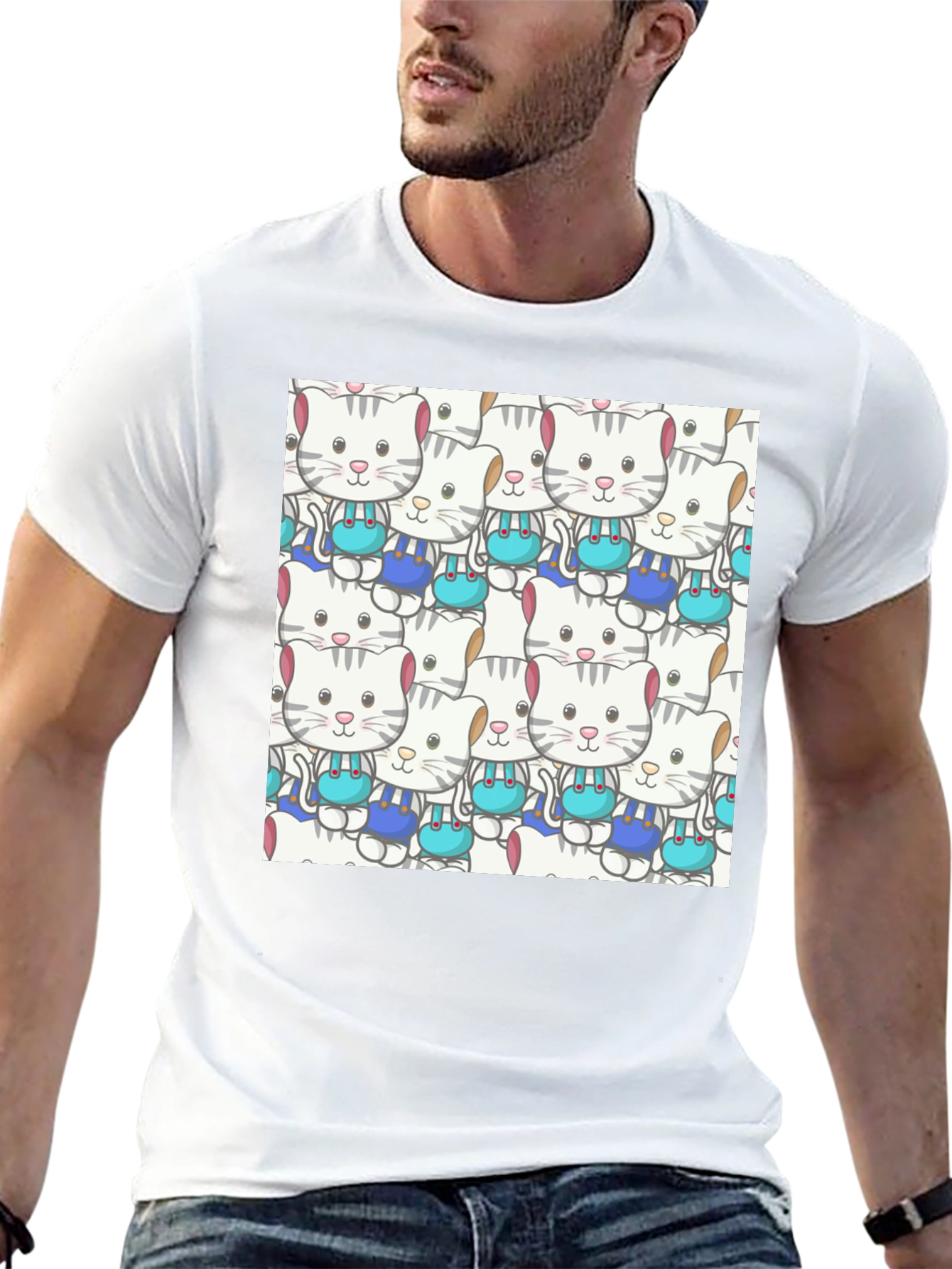 Cute Cats Pattern Black T-Shirt