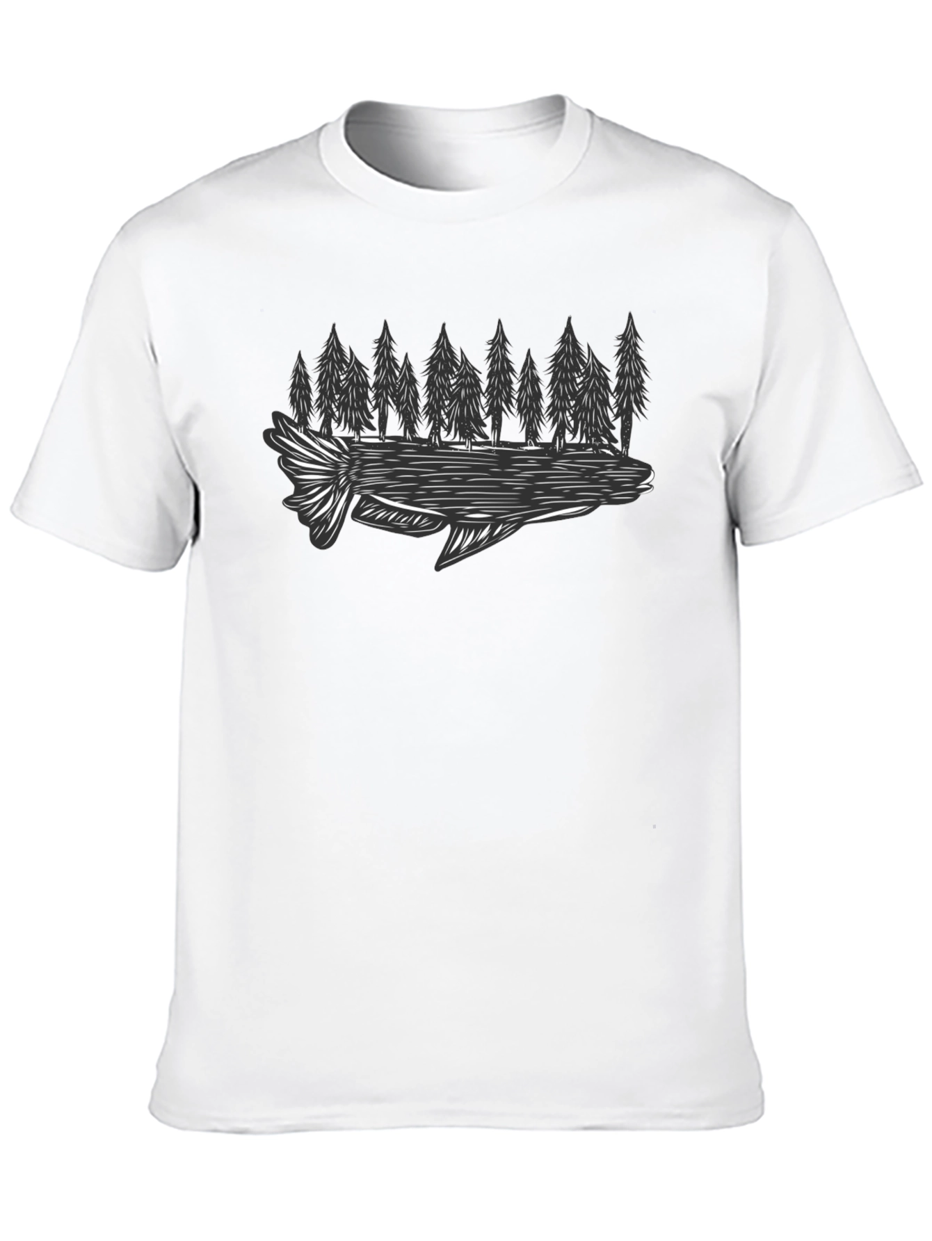 Black T-Shirt with Fish and Forest Graphic