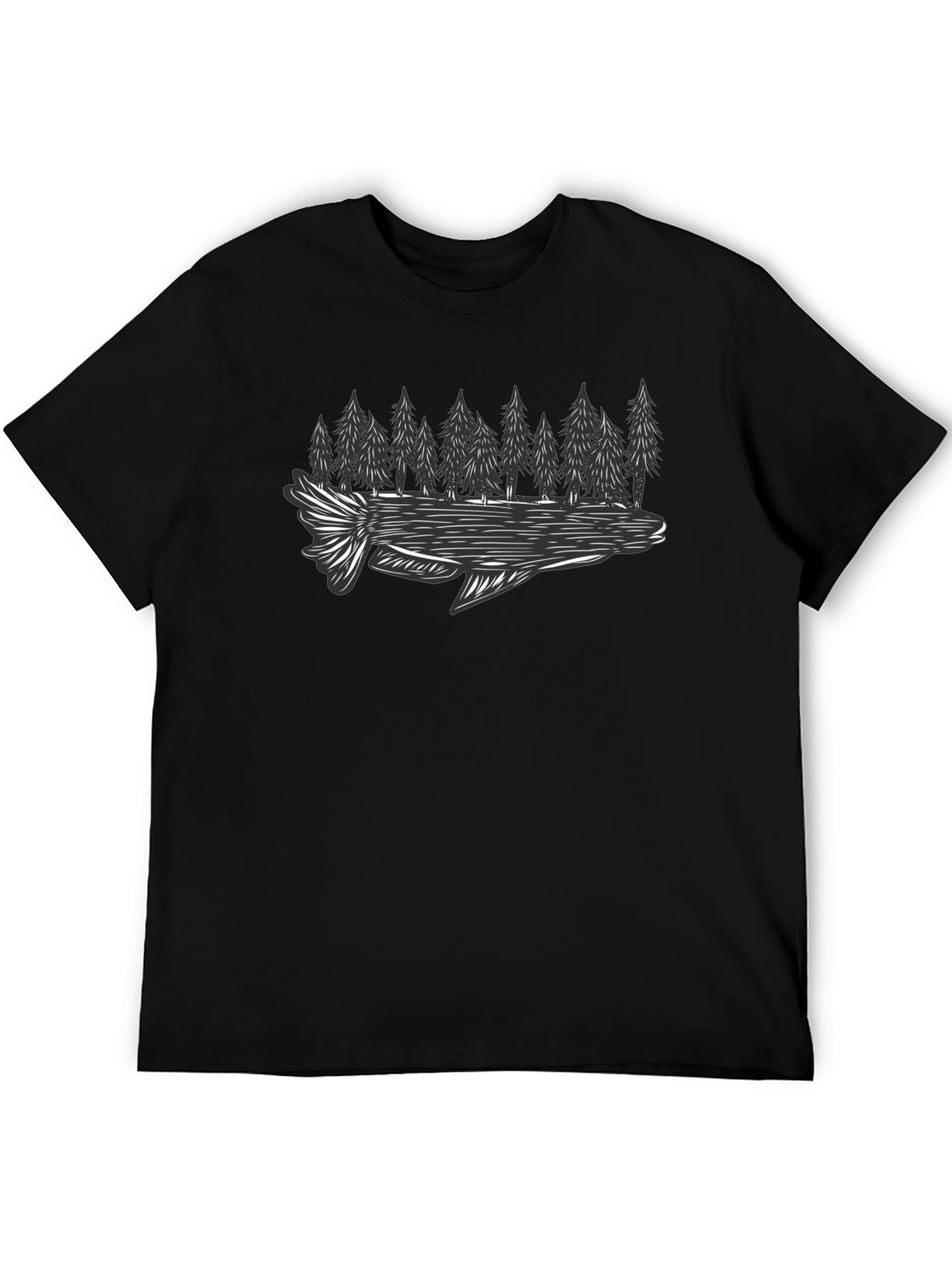 Black T-Shirt with Fish and Forest Graphic
