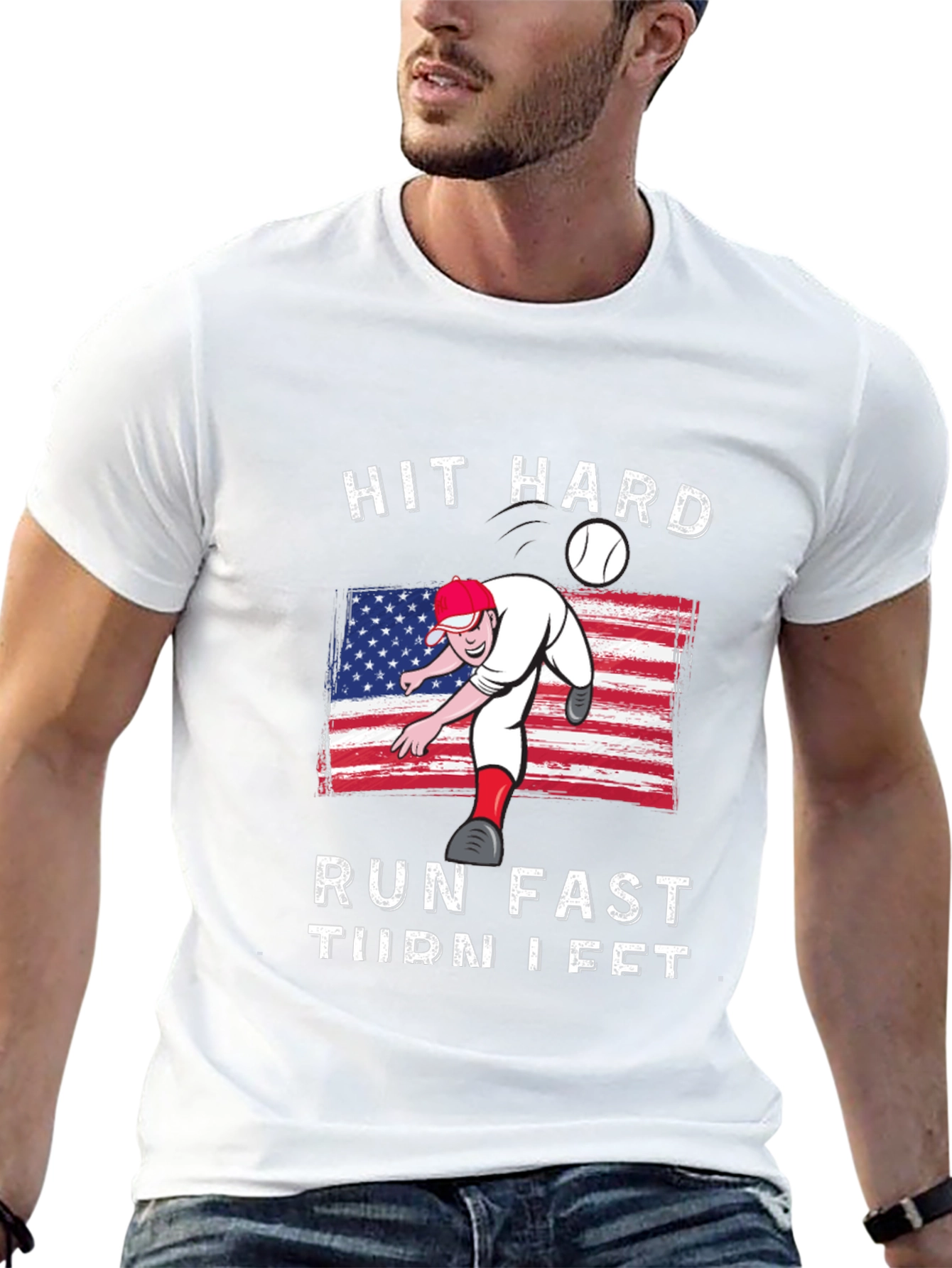 Hit Hard Run Fast Turn Left Baseball Graphic Tee