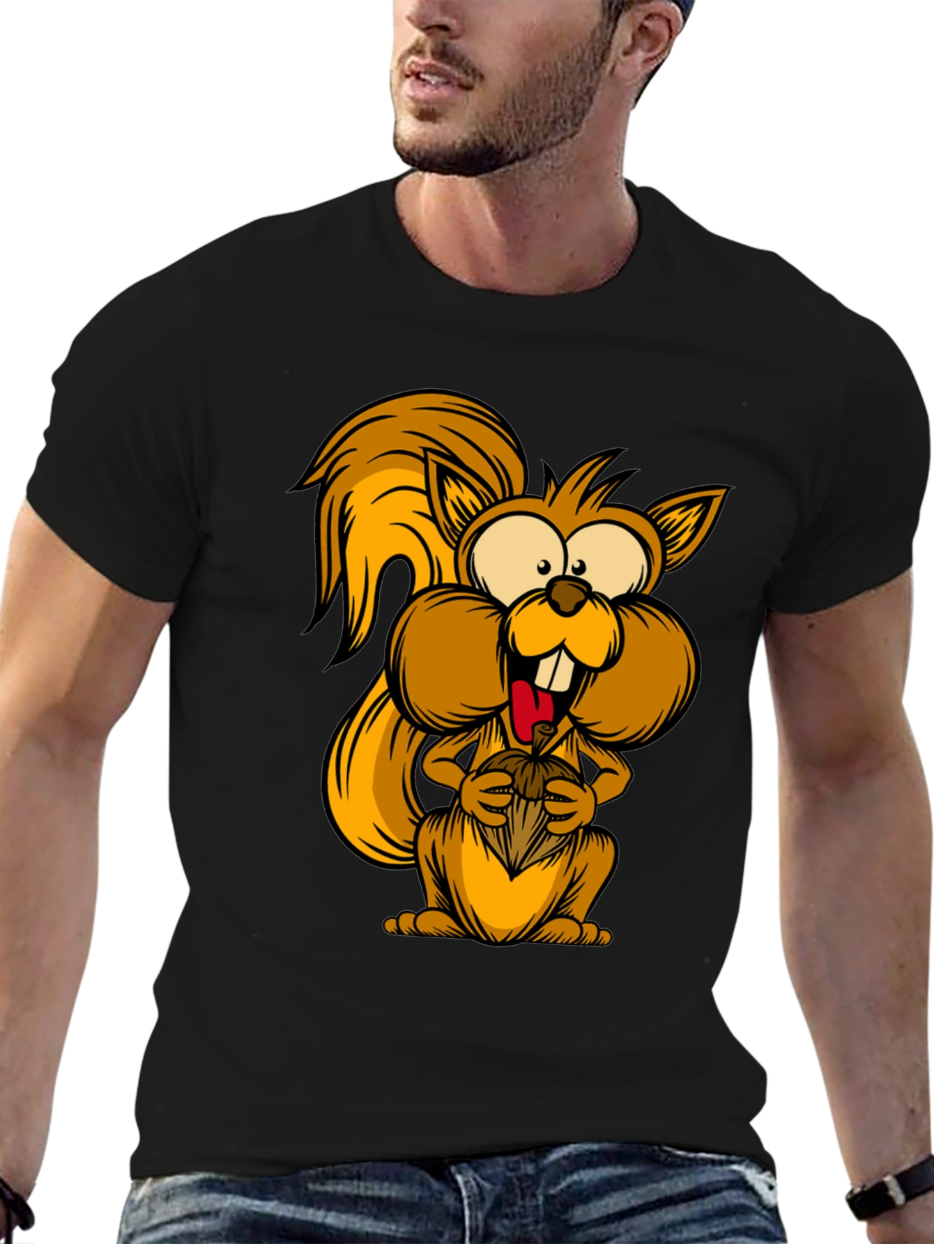 Funny Squirrel Graphic Tee - Black Cotton T-Shirt