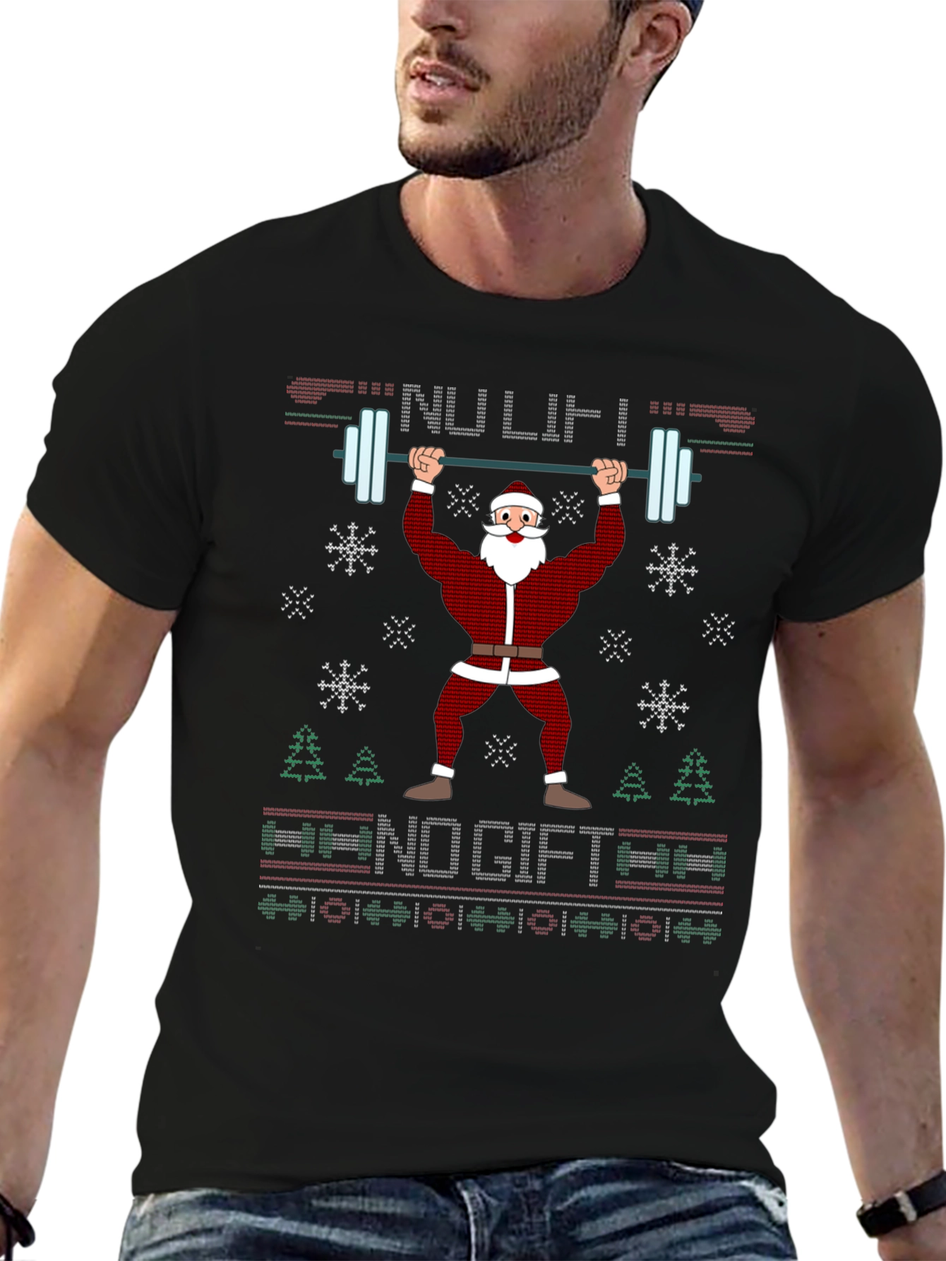 Funny Santa Weightlifting Ugly Christmas Sweater T-Shirt