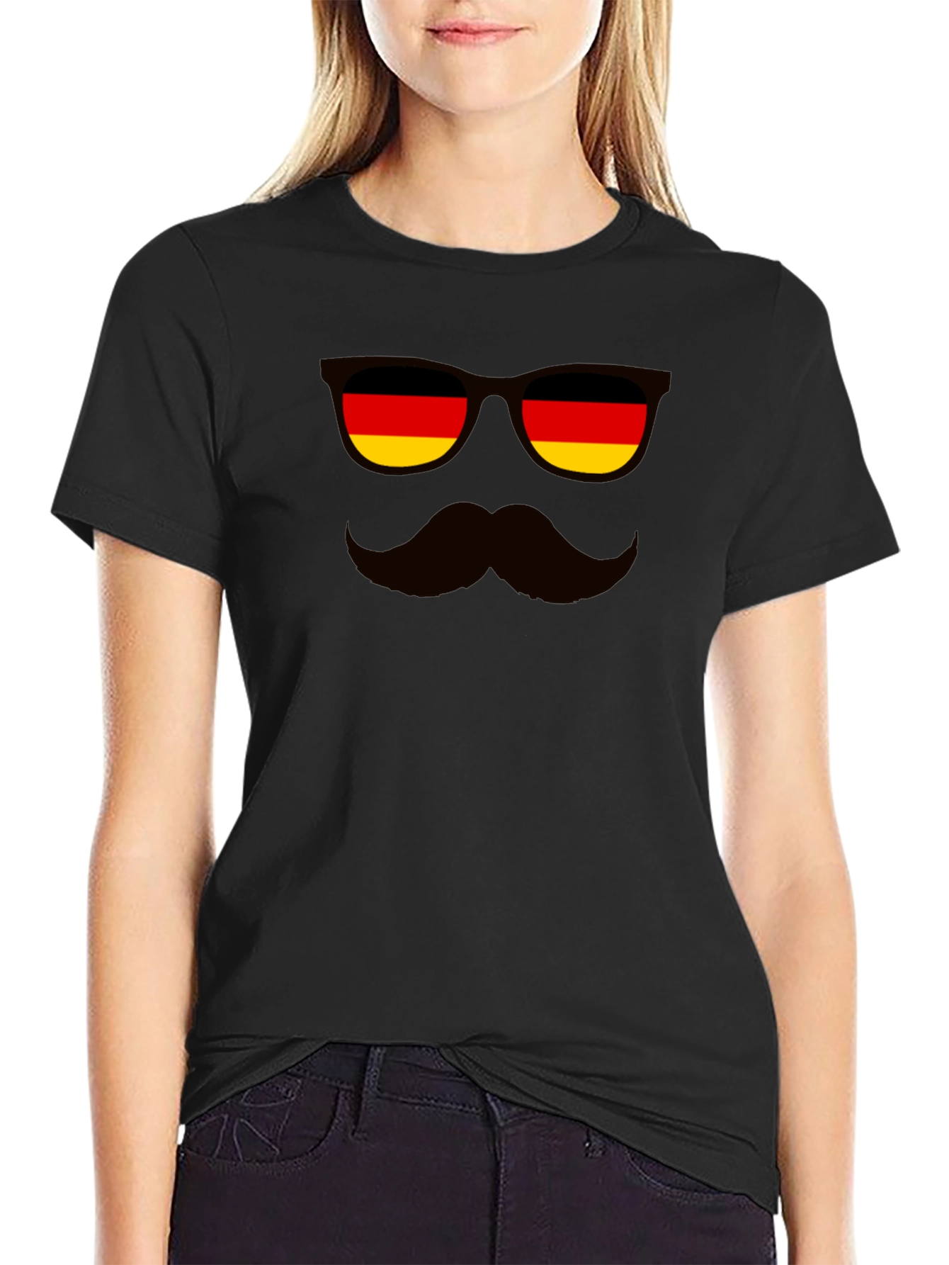 German Flag Sunglasses & Mustache Black T-Shirt