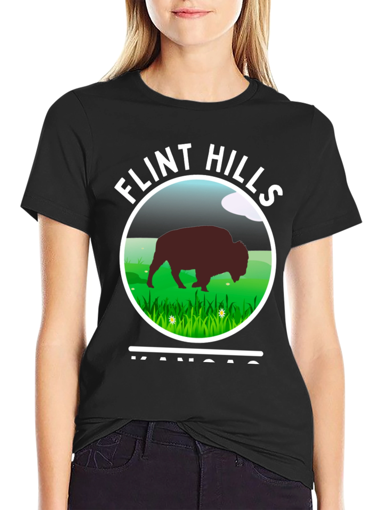 Flint Hills Kansas Graphic T-Shirt - Bison Design
