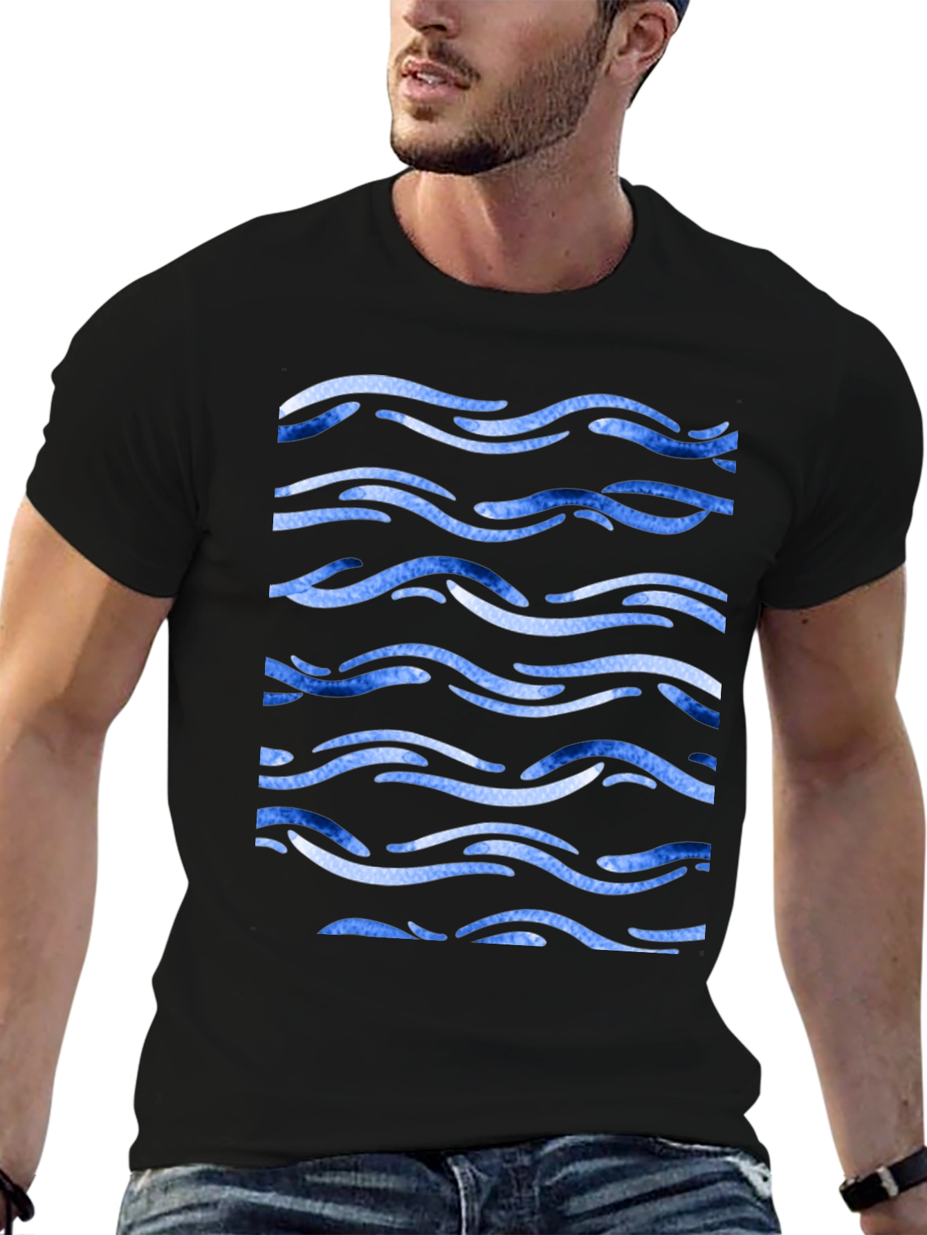 Blue Wave Pattern Black Tee