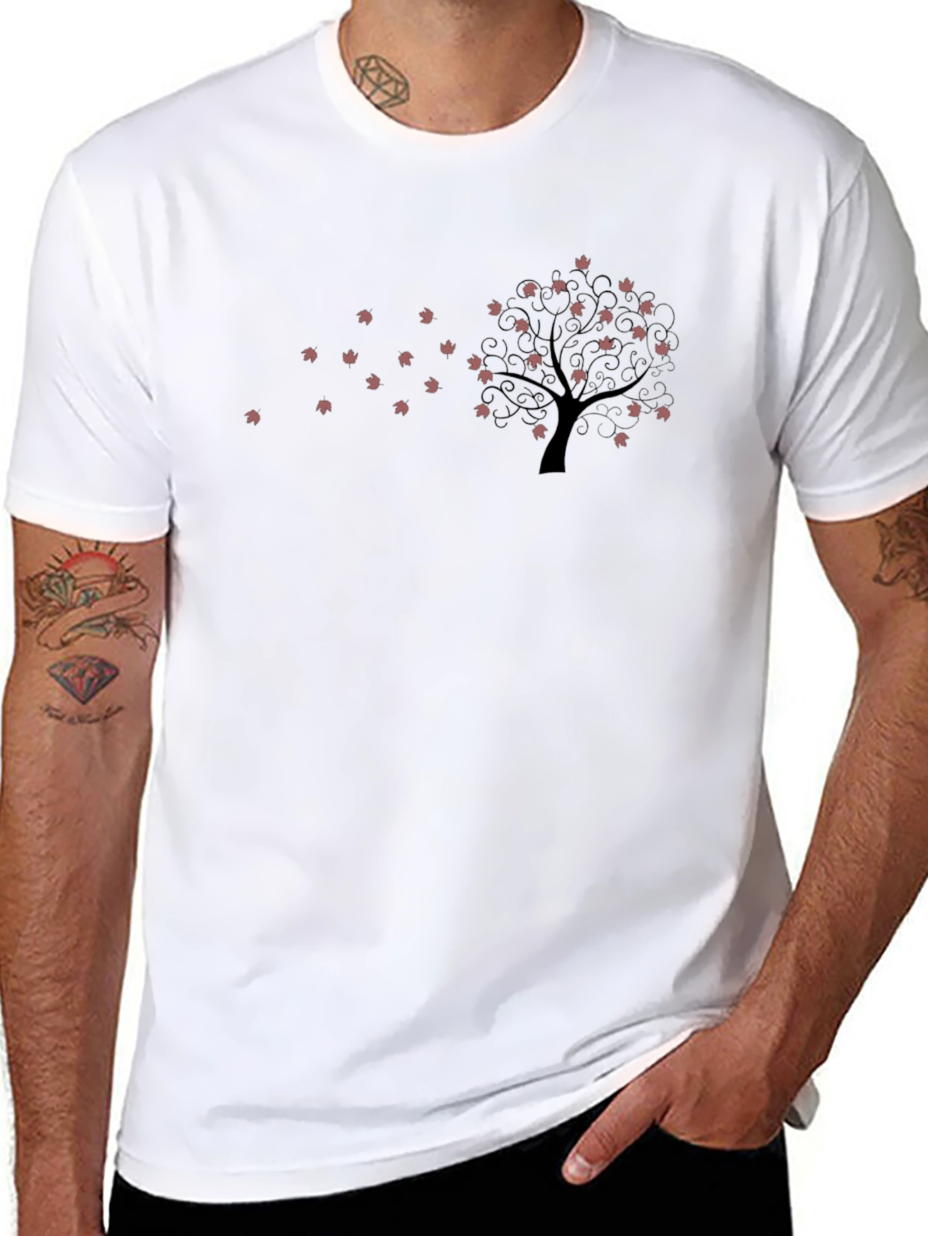 Black Graphic Tee - Falling Leaves Tree Design