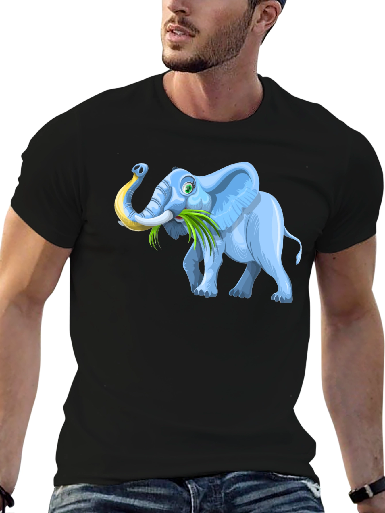 Cartoon Elephant Graphic Tee - Black Casual T-Shirt