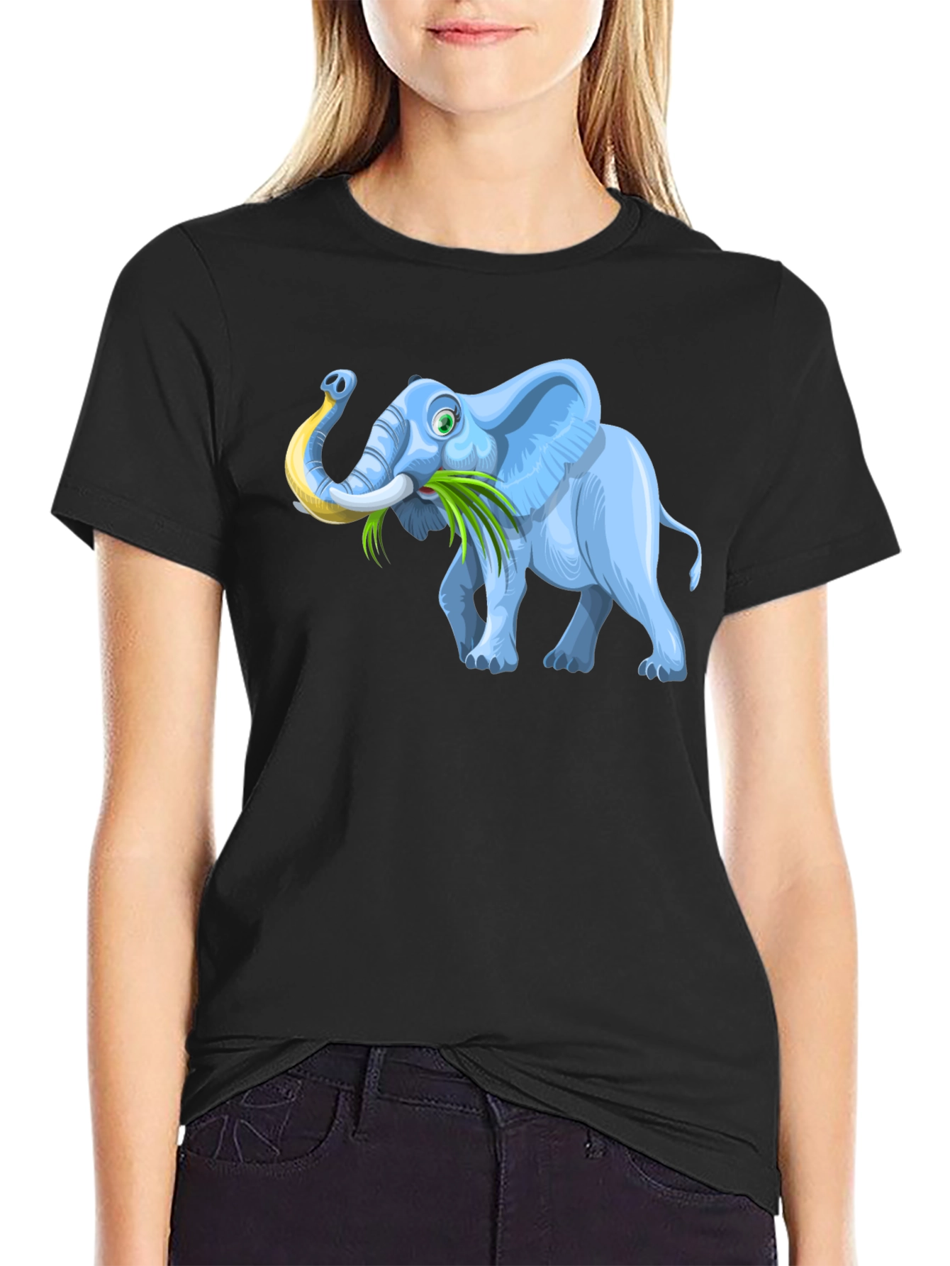 Cartoon Elephant Graphic Tee - Black Casual T-Shirt