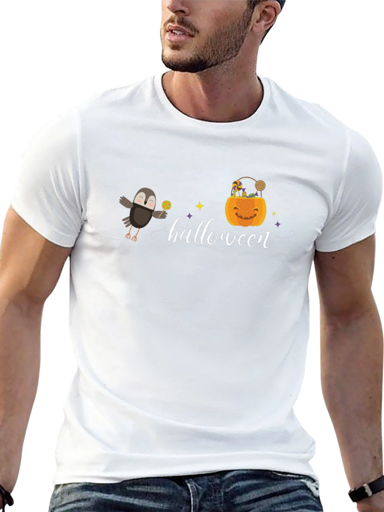 Halloween Graphic Tee - Crow & Pumpkin Design