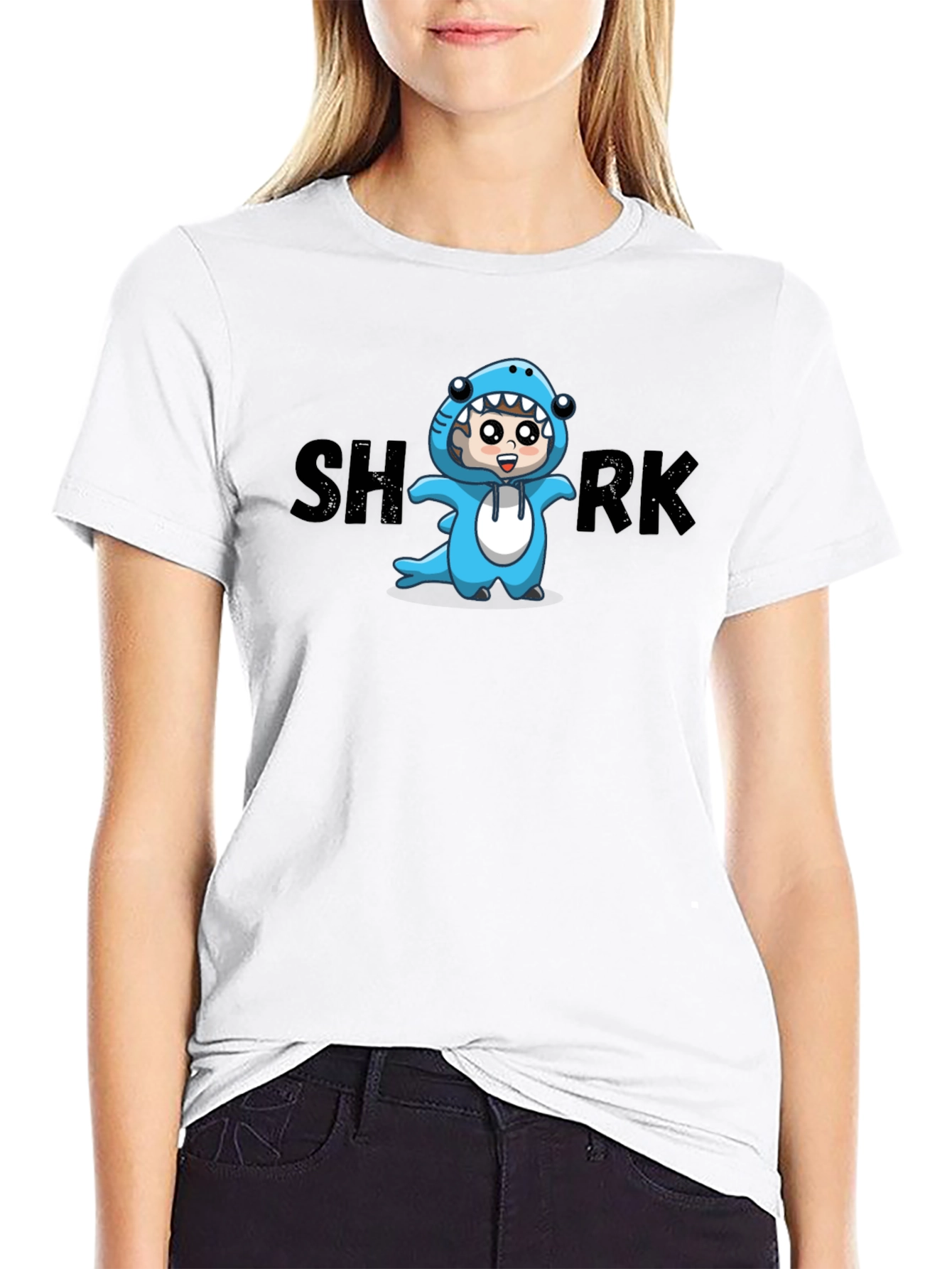 Cartoon Shark Graphic Tee - Black Cotton Blend