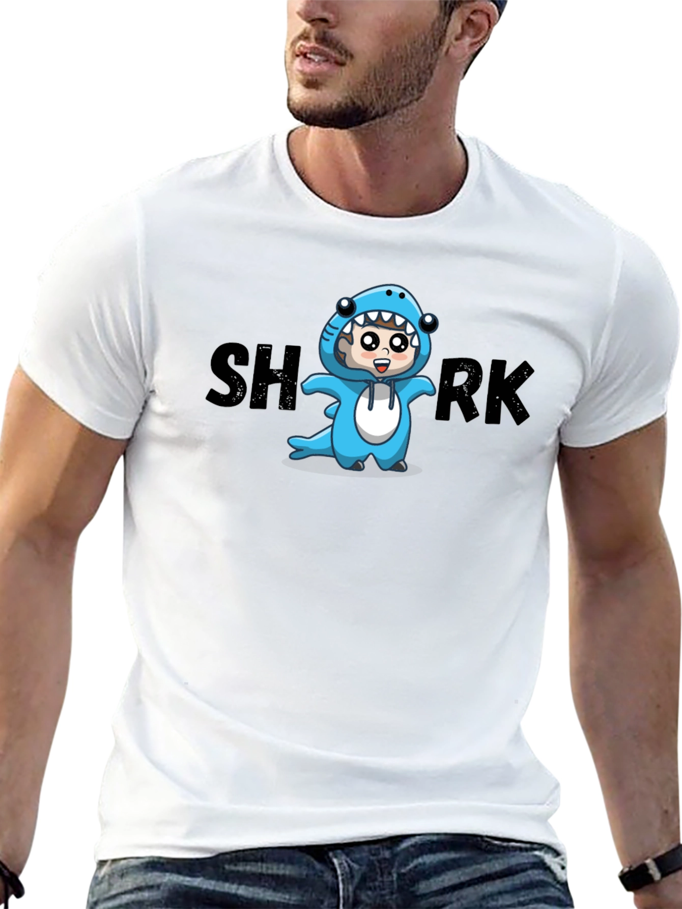 Cartoon Shark Graphic Tee - Black Cotton Blend