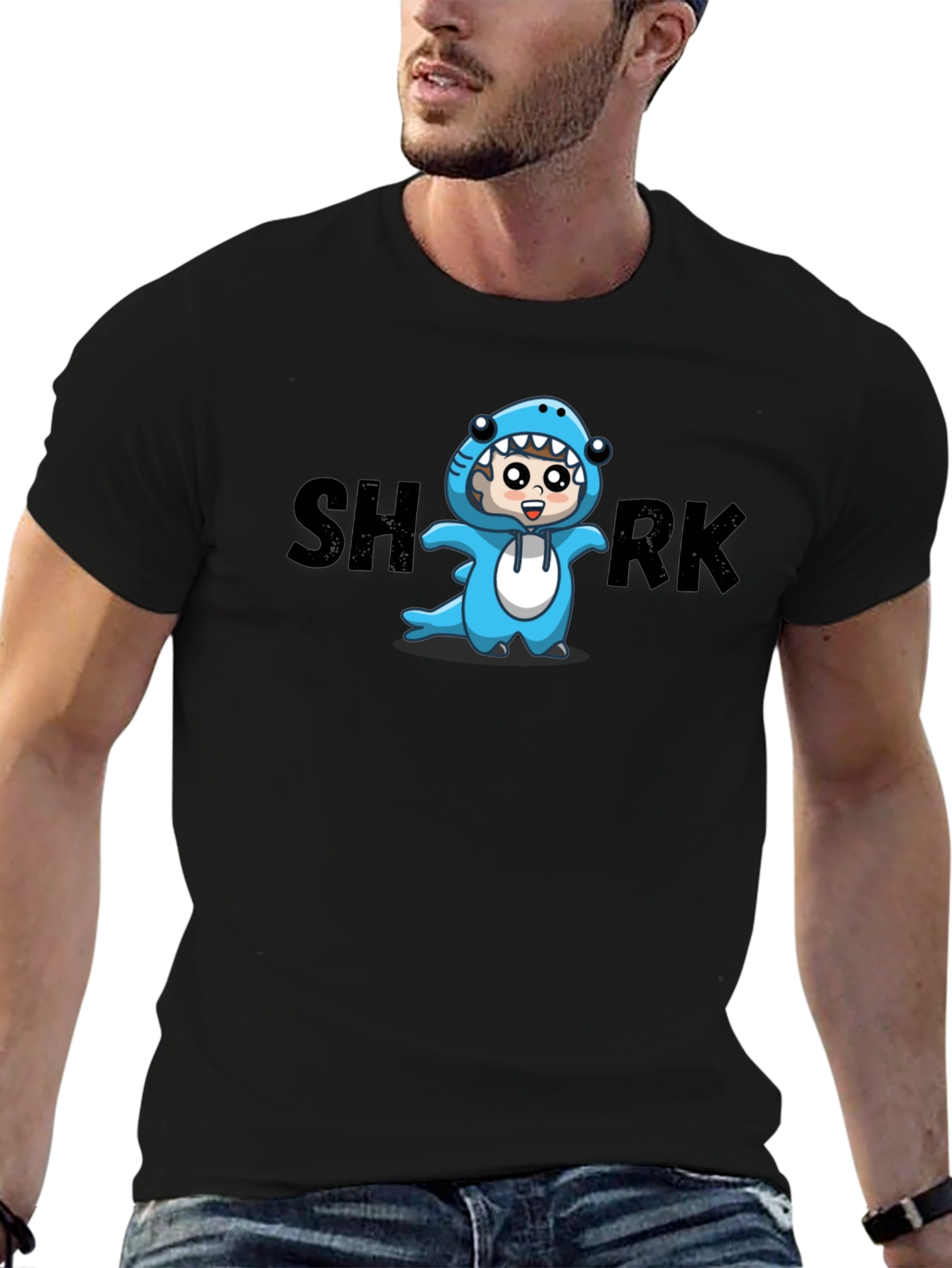 Cartoon Shark Graphic Tee - Black Cotton Blend