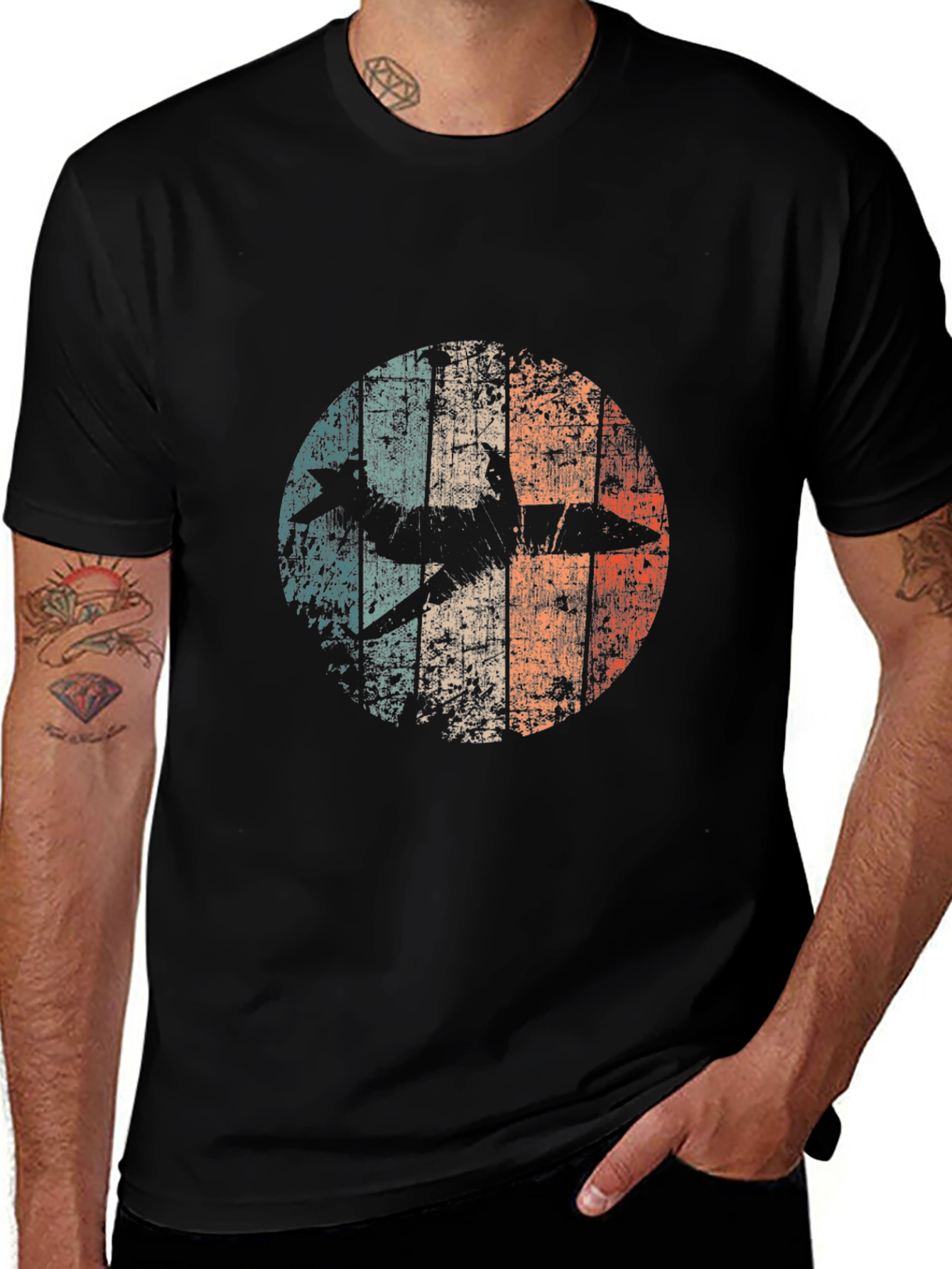 Retro Airplane Graphic Tee - Black Cotton Blend