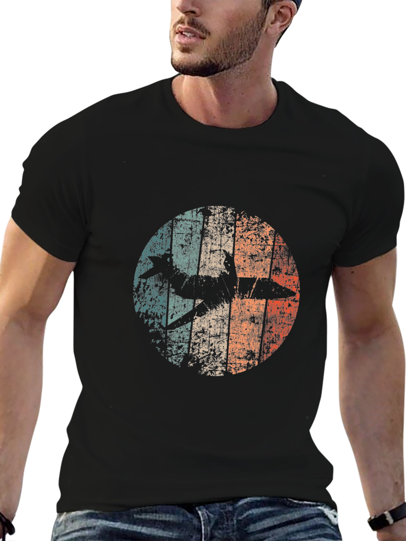 Retro Airplane Graphic Tee - Black Cotton Blend