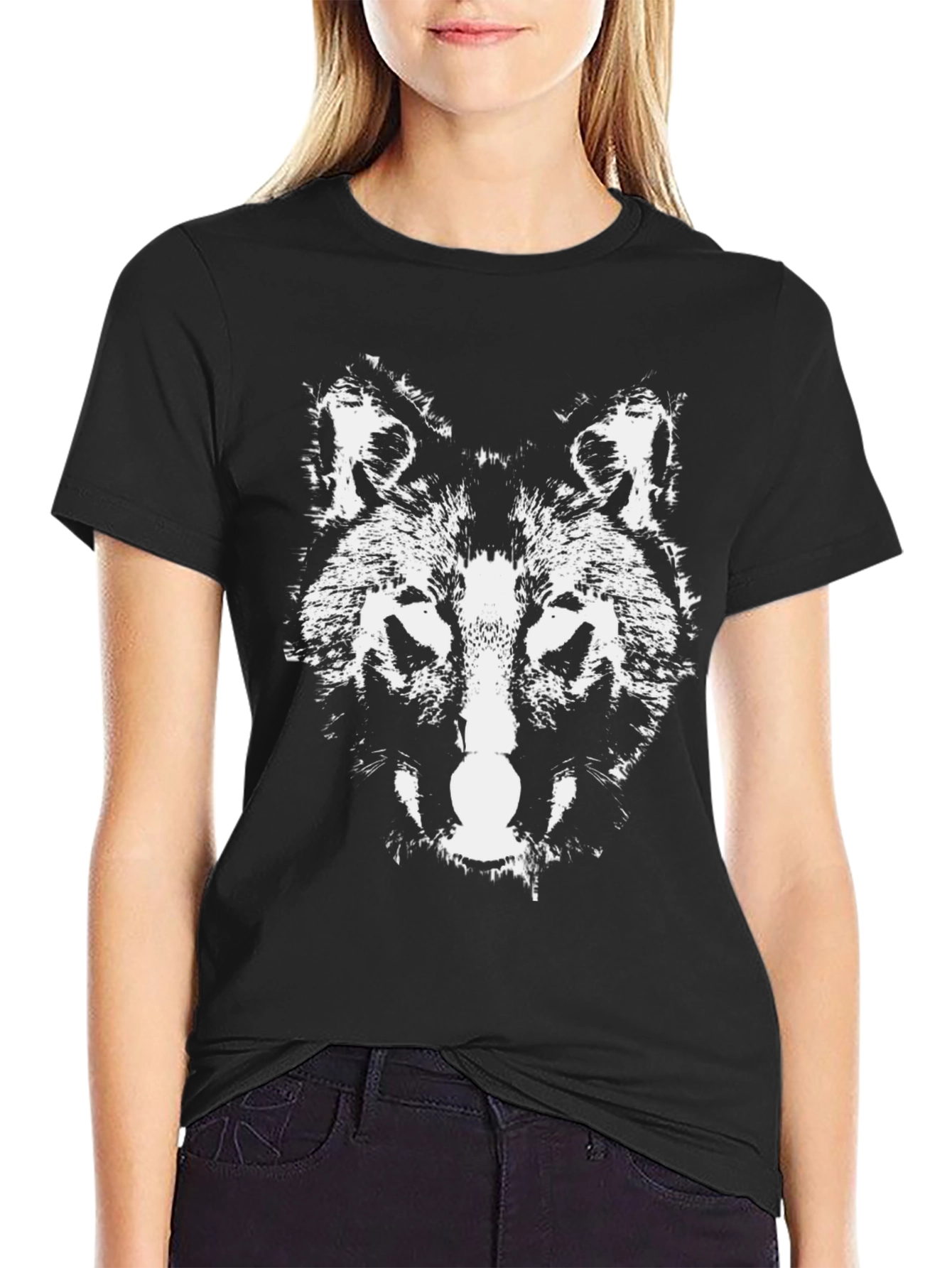 Wolf Graphic Print Black Cotton Tee