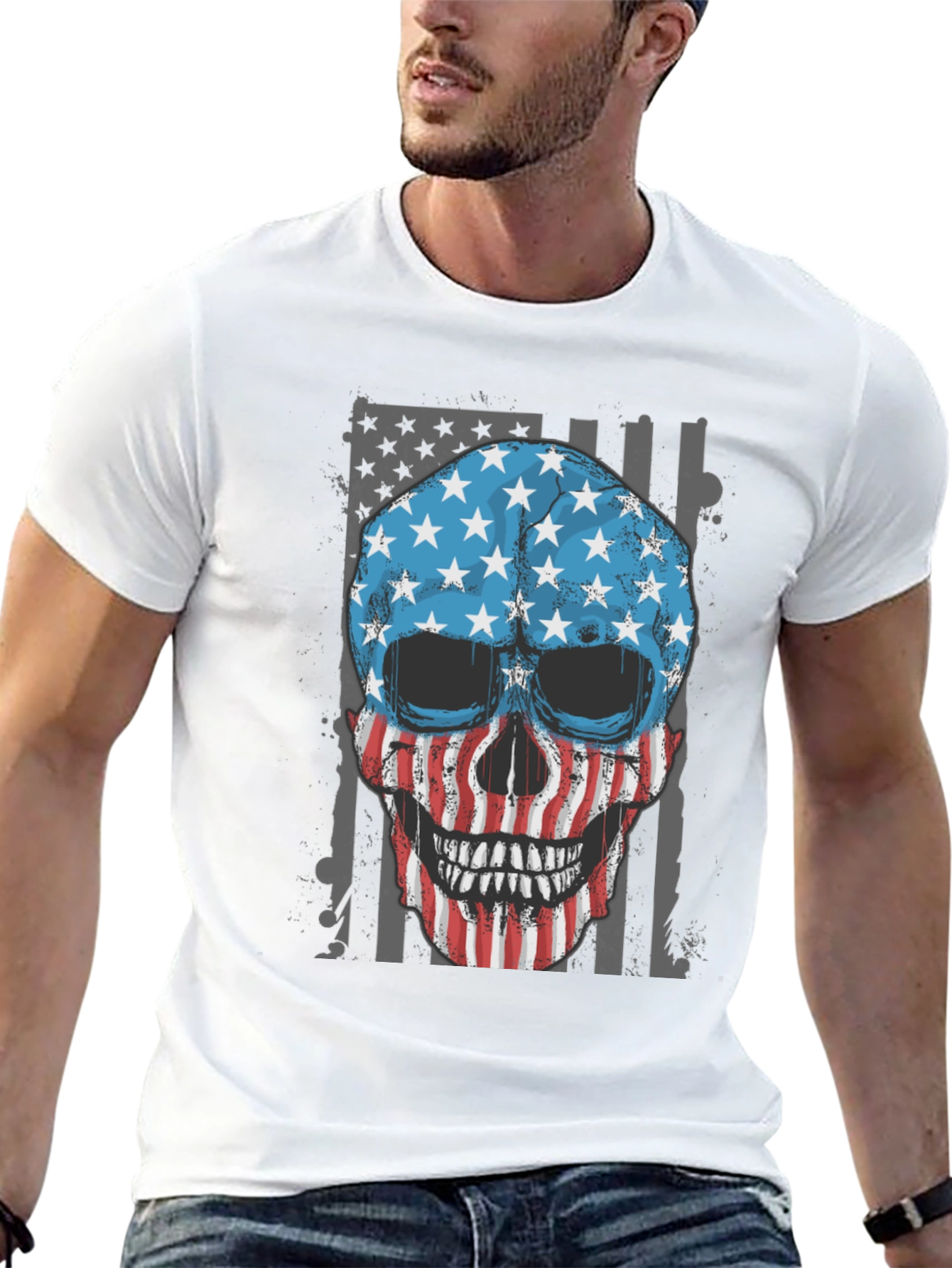 American Flag Skull Graphic T-Shirt Patriotic USA Tee