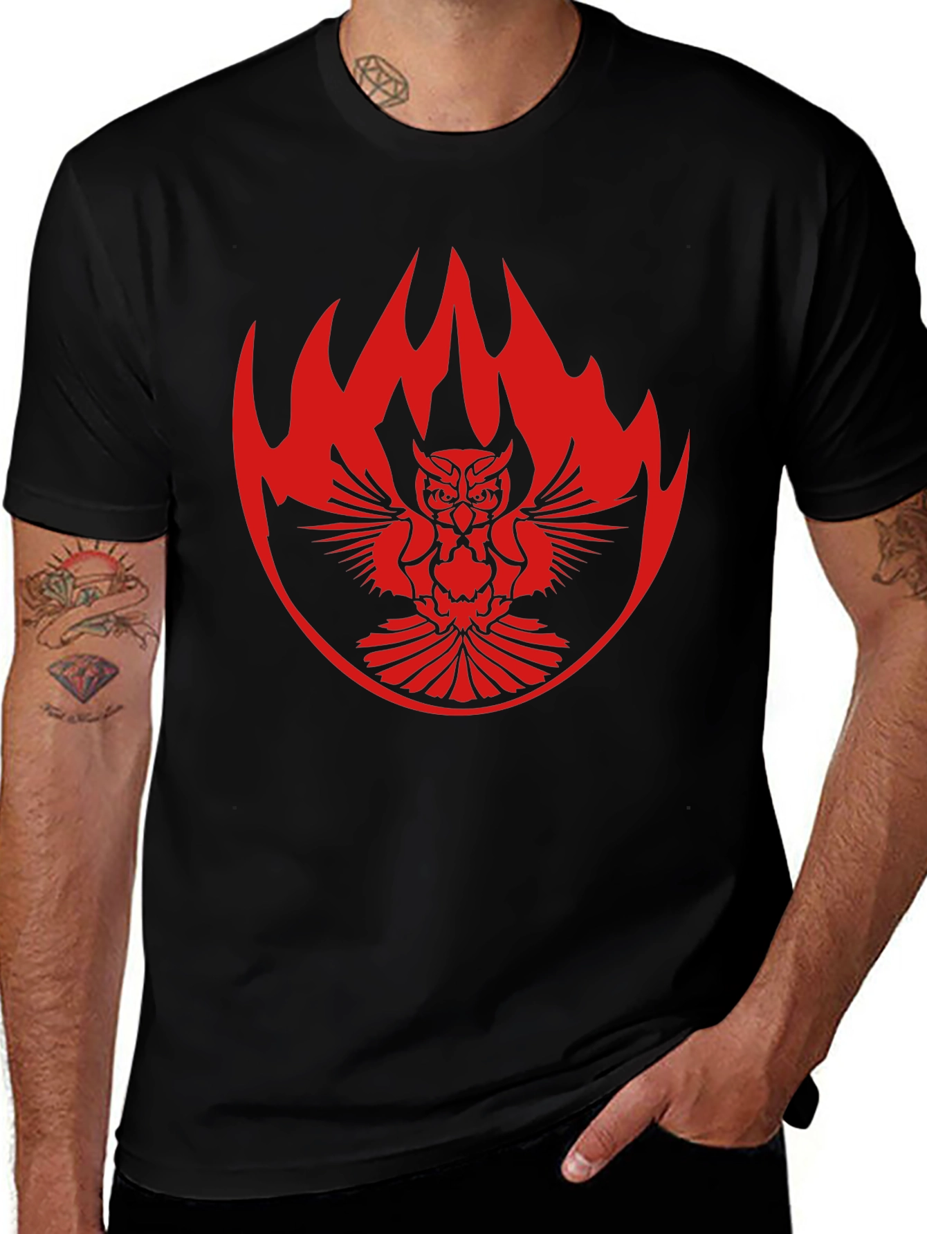 Black T-Shirt with Owl & Flame Design