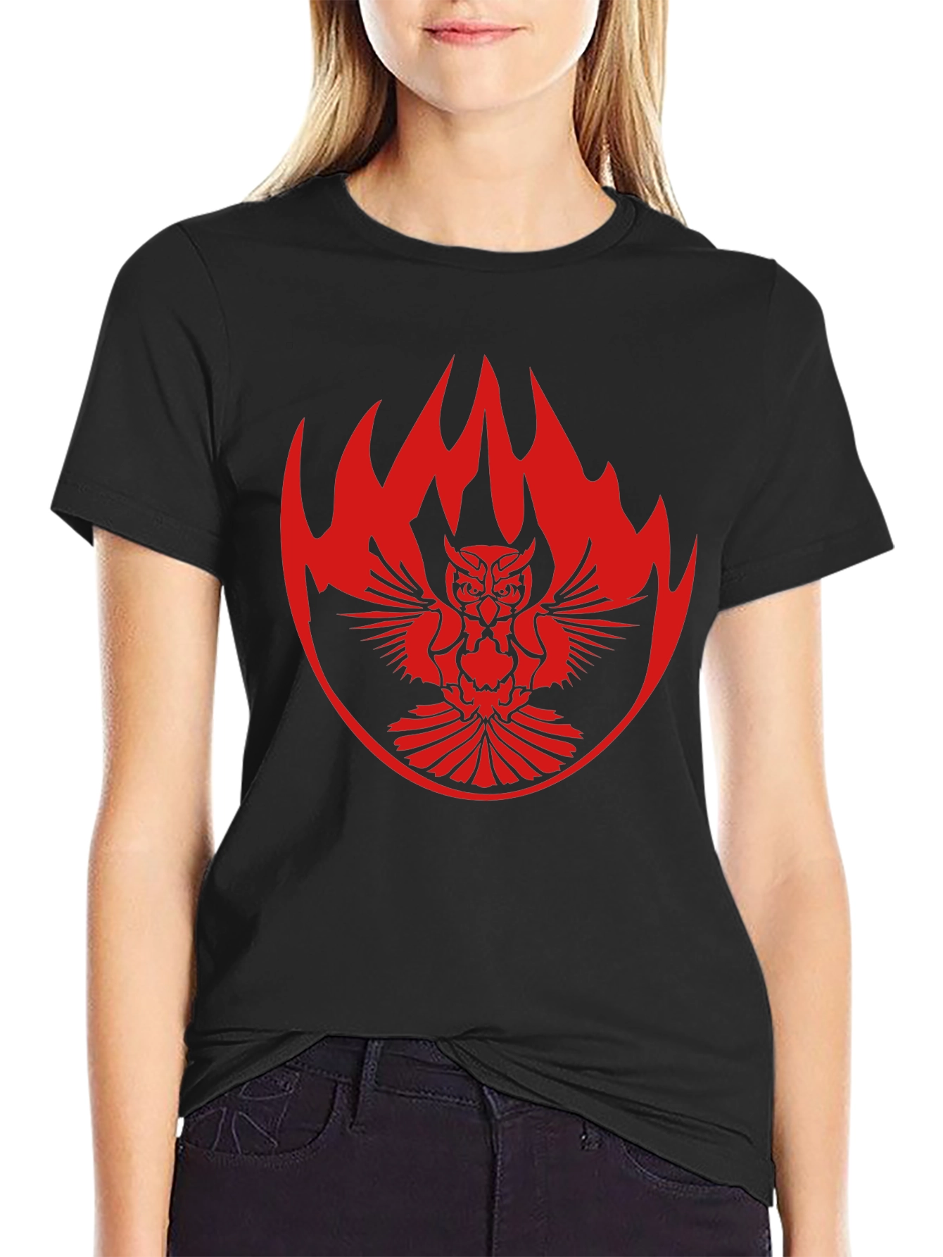 Black T-Shirt with Owl & Flame Design