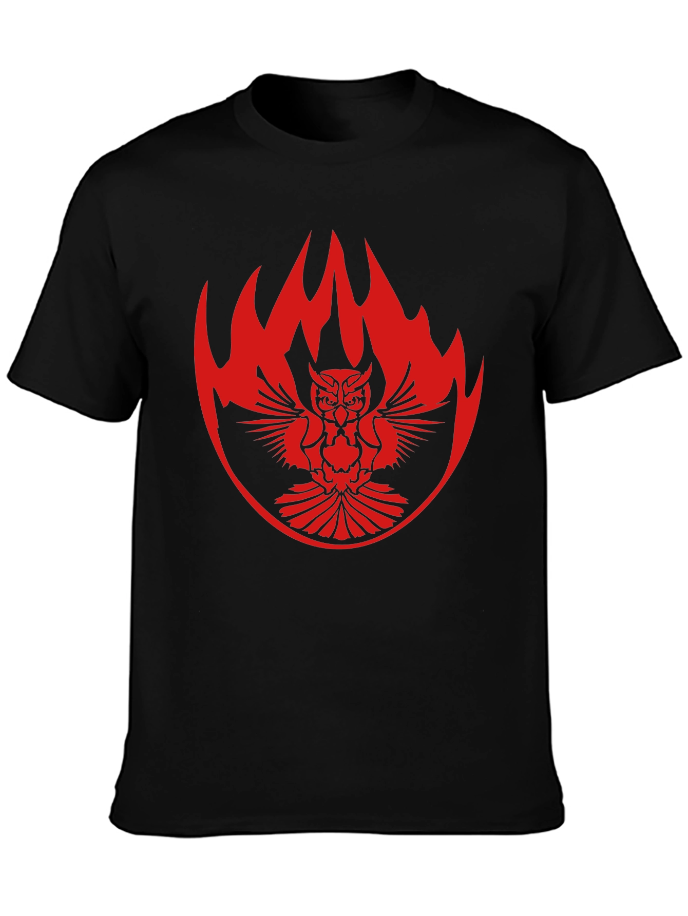 Black T-Shirt with Owl & Flame Design