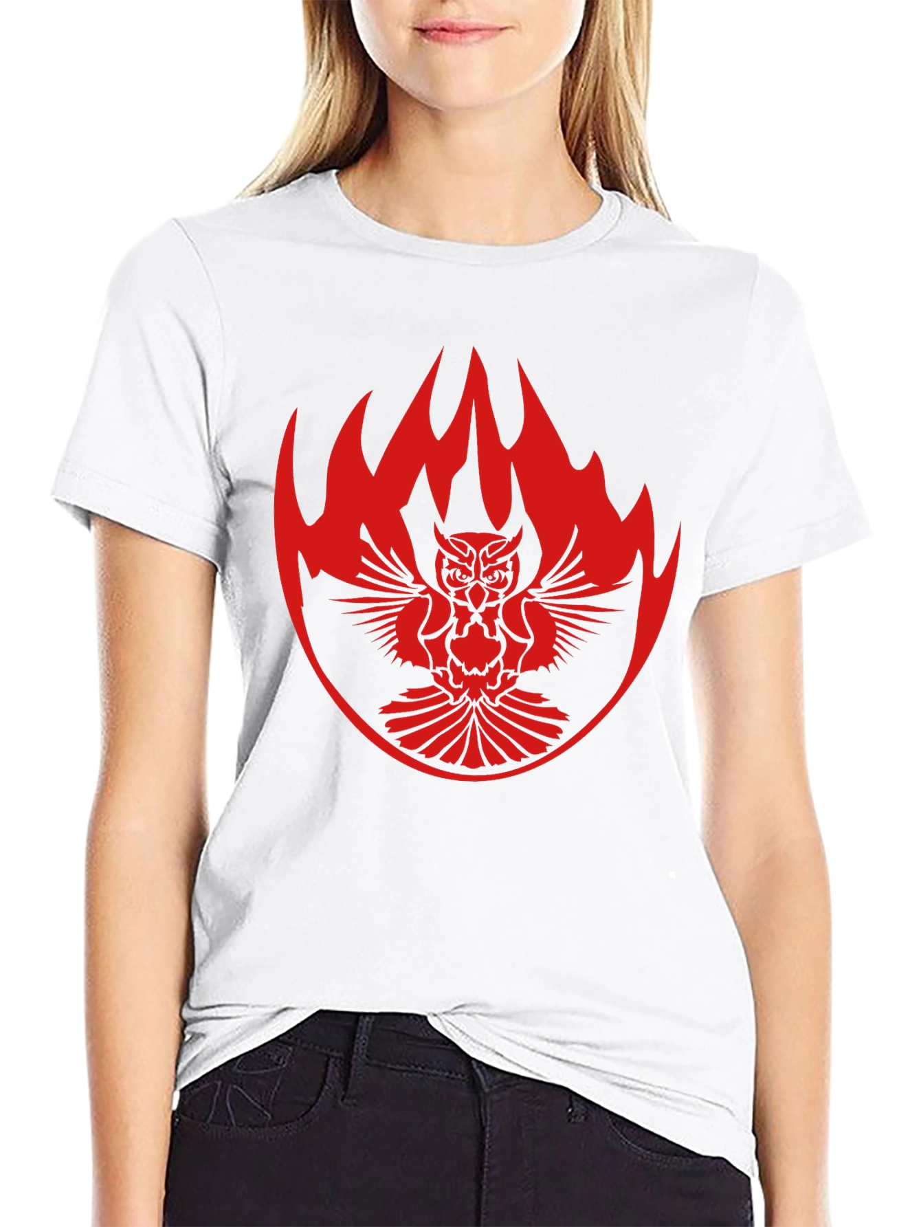 Black T-Shirt with Owl & Flame Design