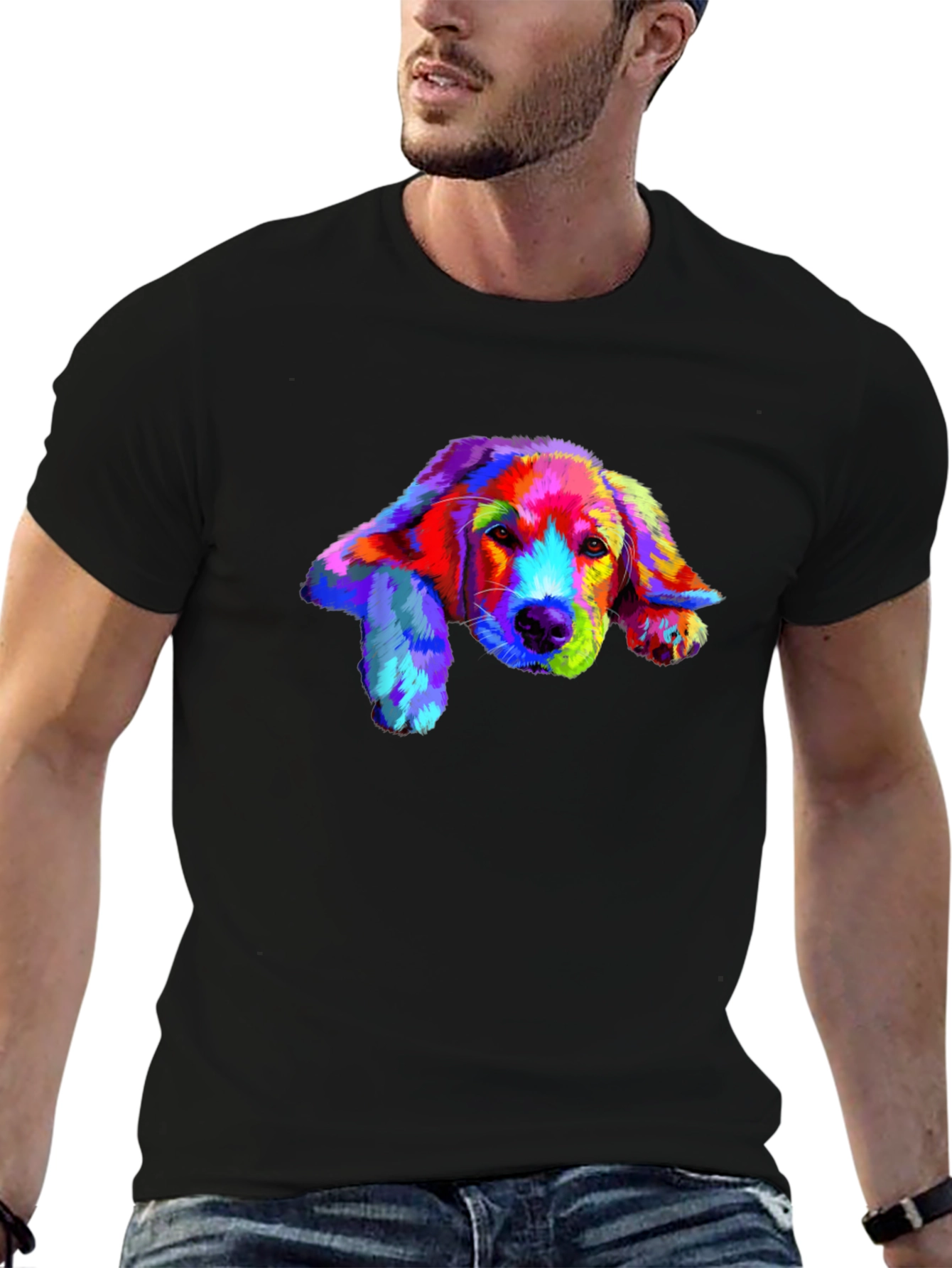 Rainbow Dog Print Black T-Shirt