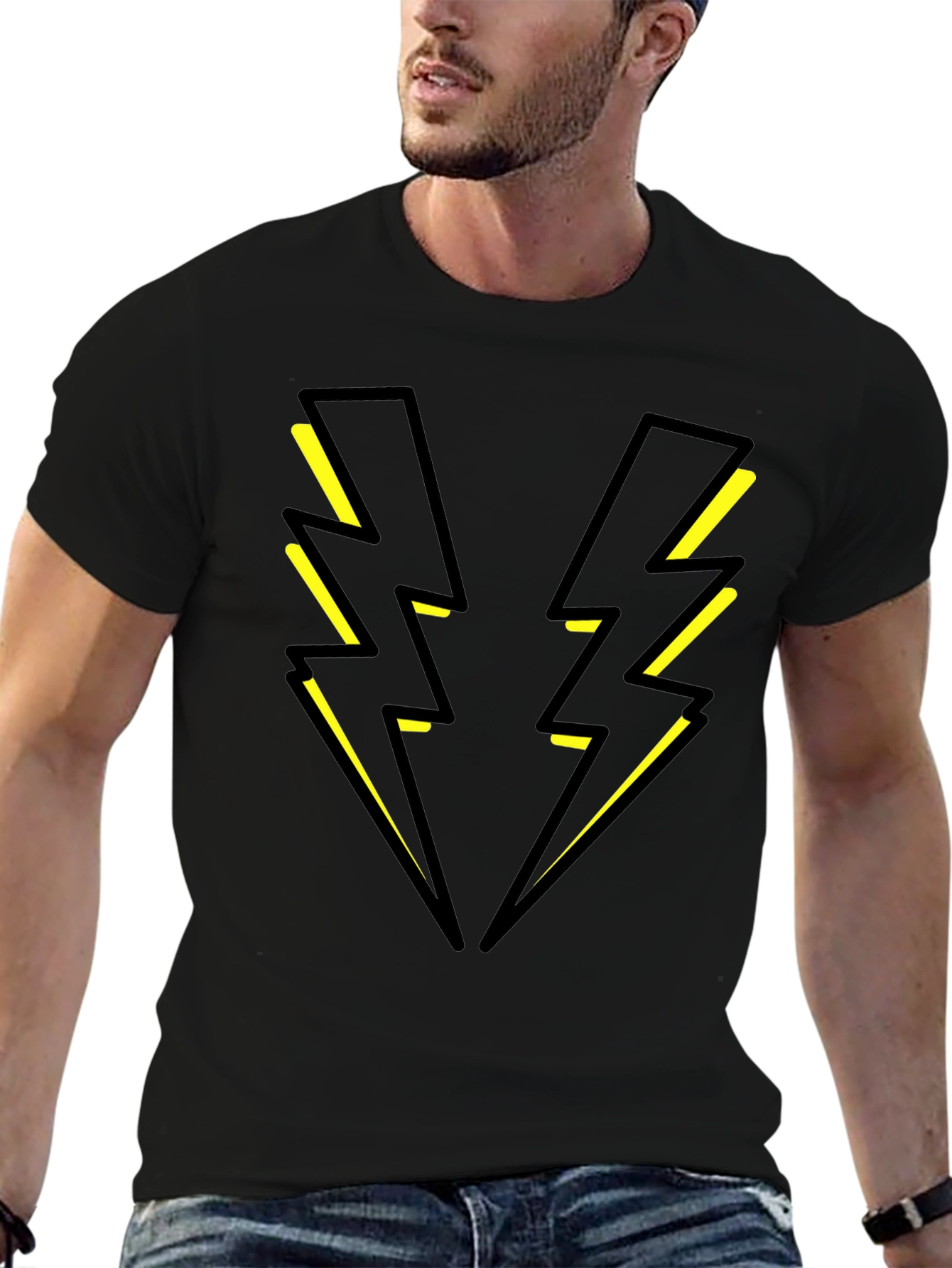 Black T-Shirt with Yellow Lightning Bolt Design
