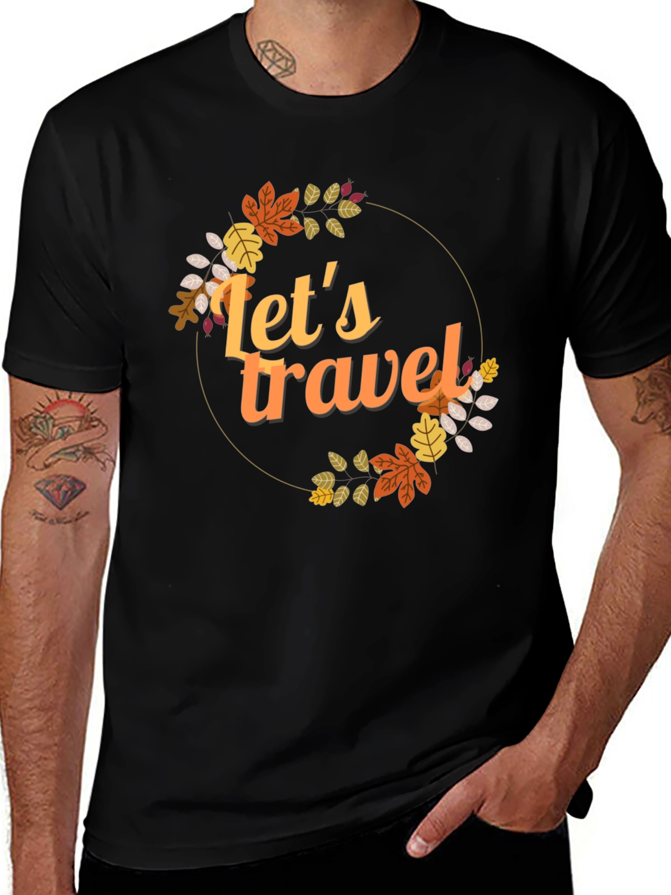 Lets Travel Fall Leaves Graphic Tee - Black