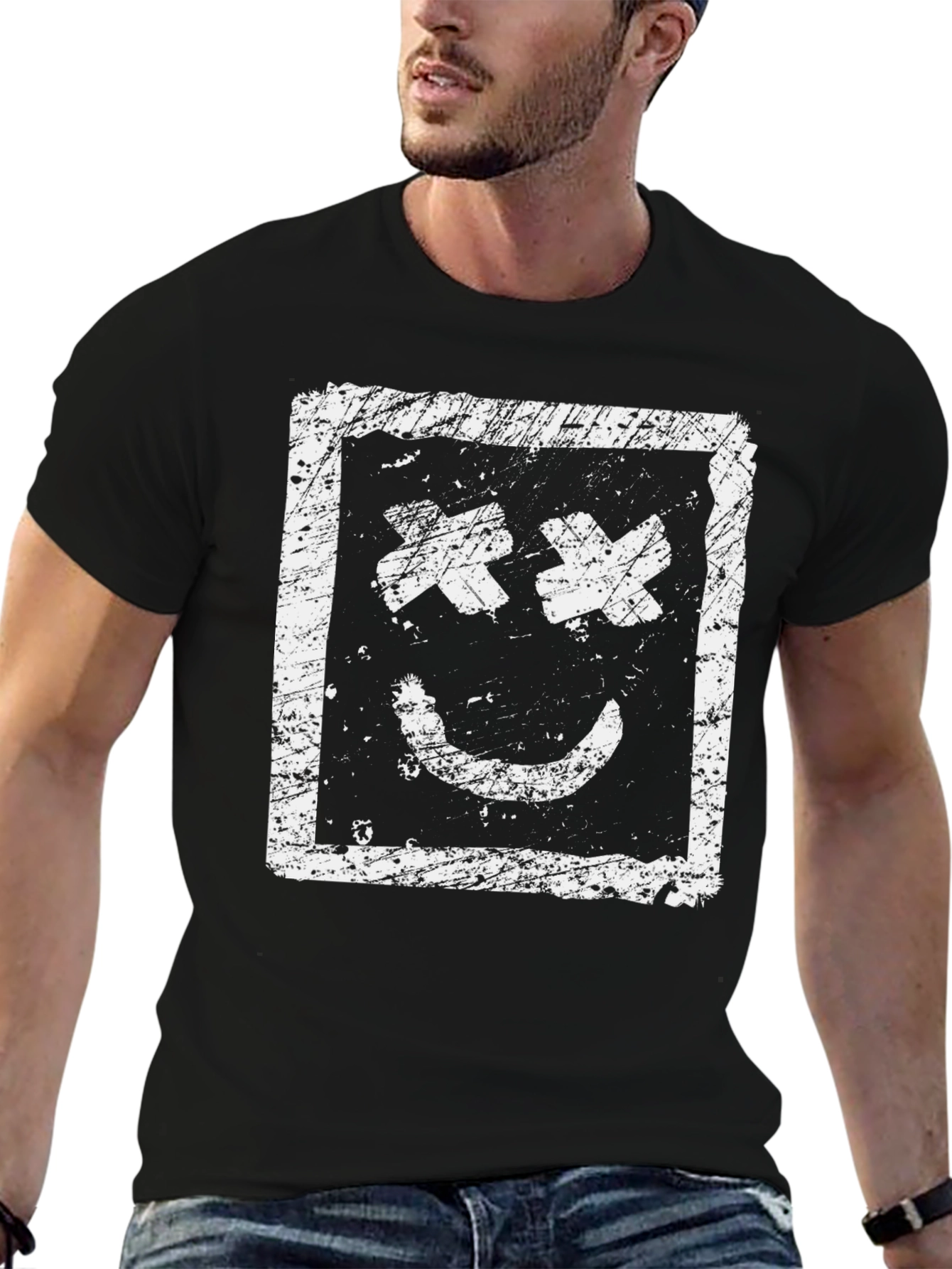 Distressed Smiley Face Graphic Black T-Shirt